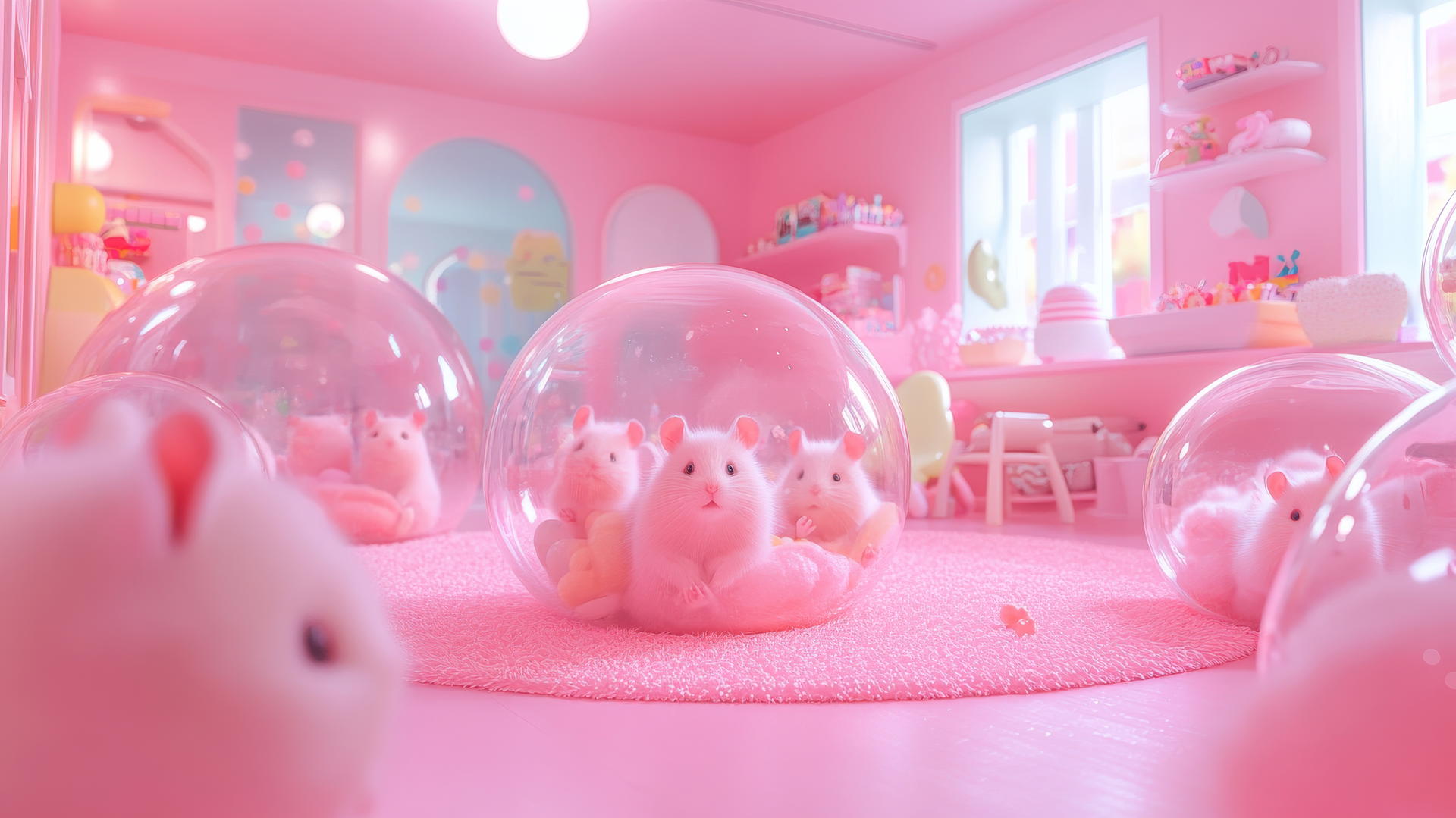 Cute pink wallpaper featuring adorable hamsters in transparent balls.