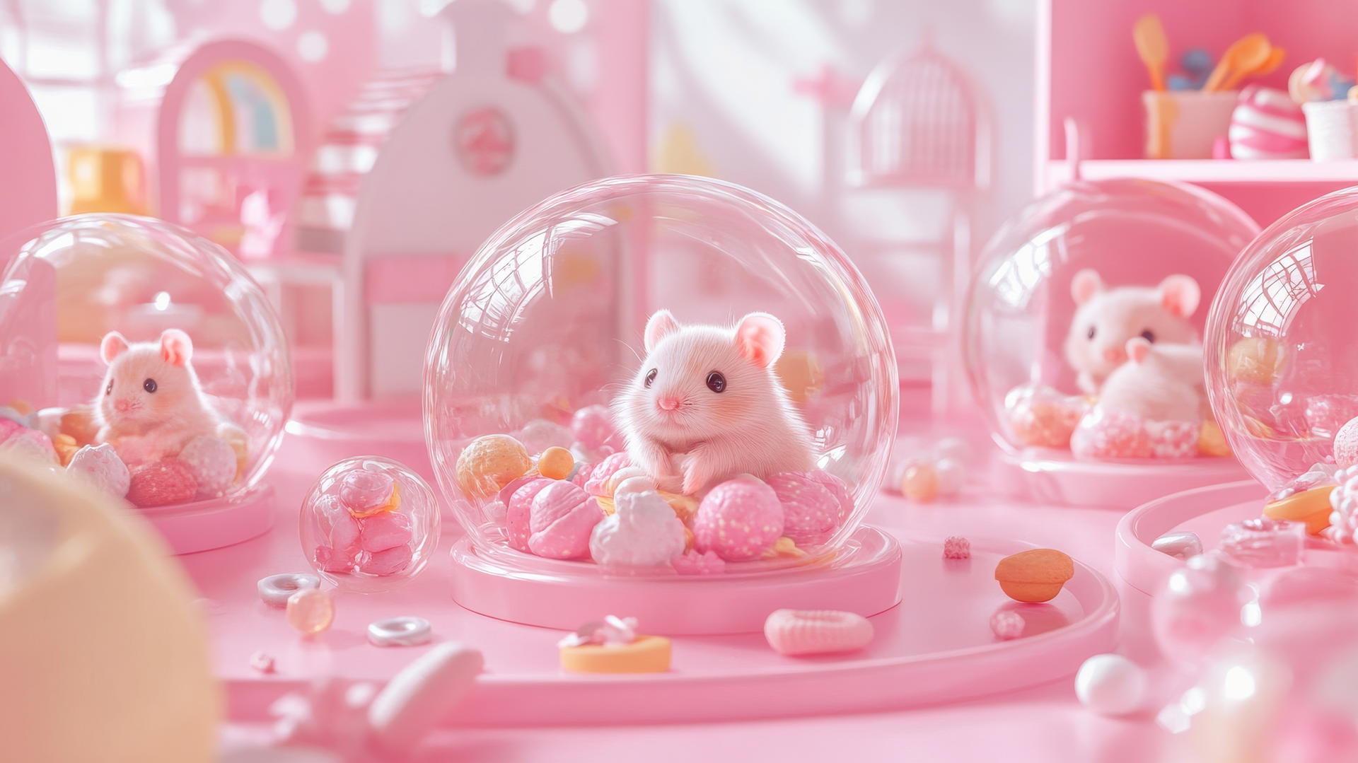 cute pink wallpaper with hamsters in transparent balls in a pastel playroom