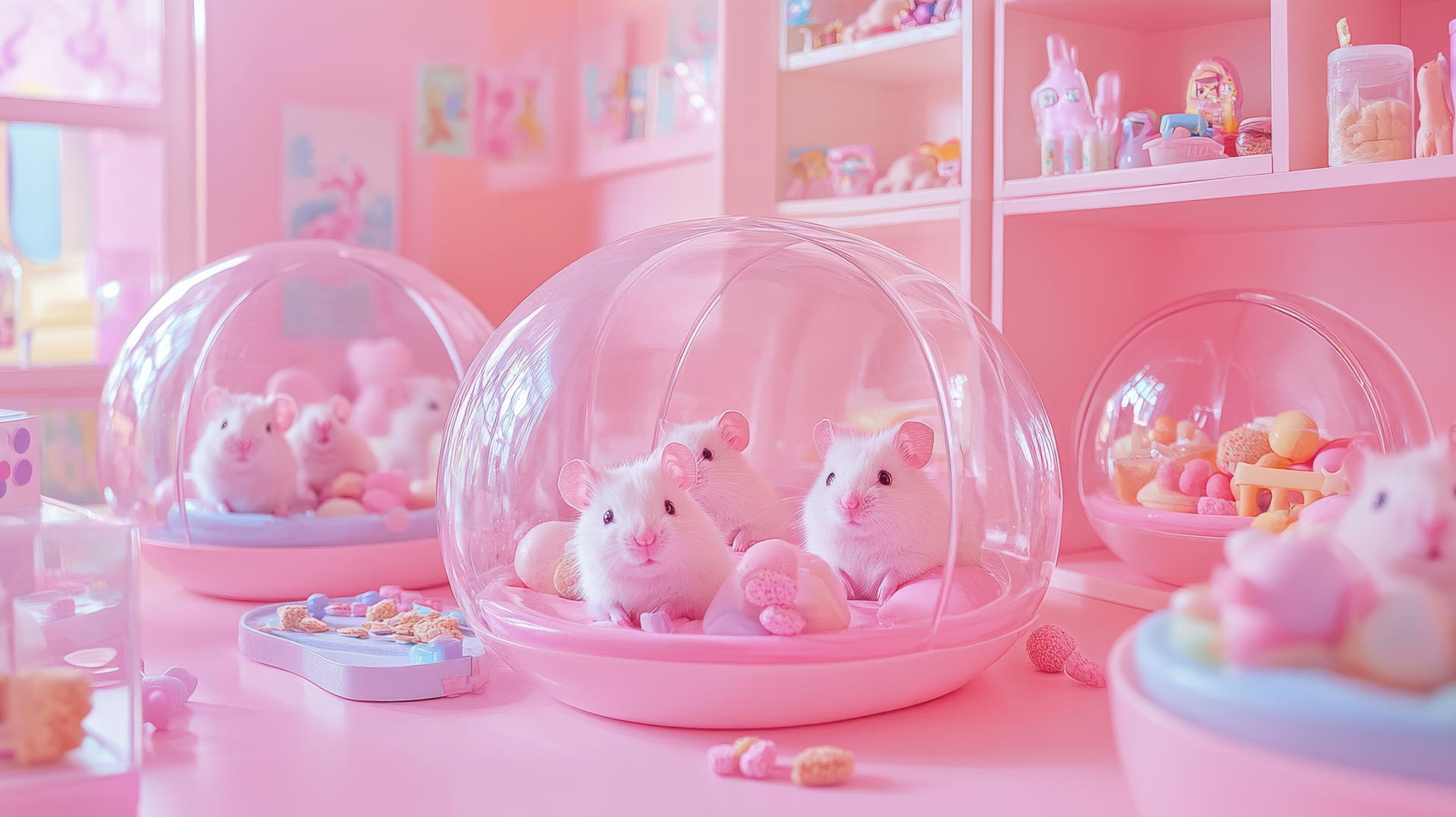 cute pink wallpaper of pink hamsters in transparent balls in a pastel playroom