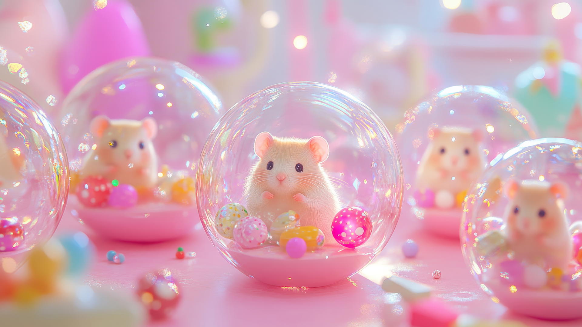 cute pink wallpaper with adorable pink hamsters in transparent balls in a pink playroom