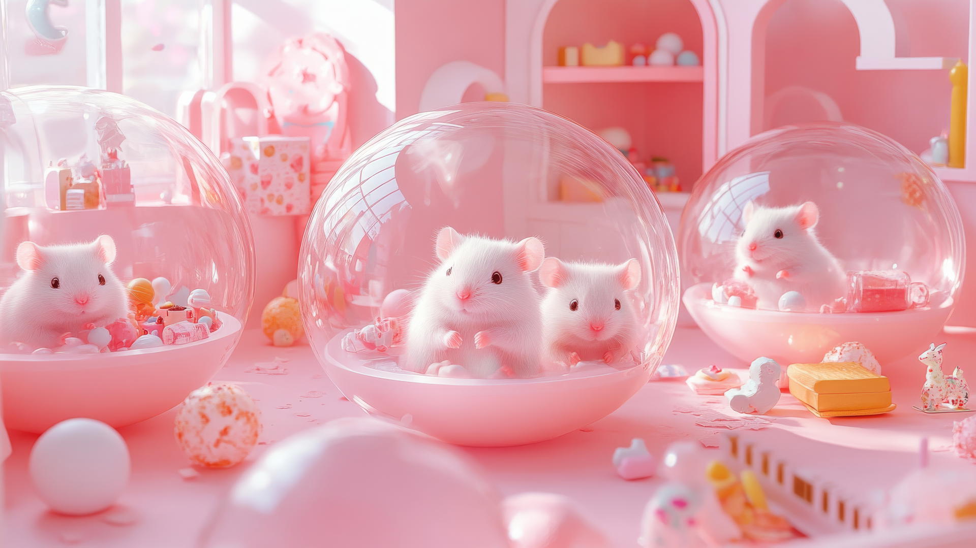 cute pink wallpaper with pink hamsters in transparent balls in a pastel playroom