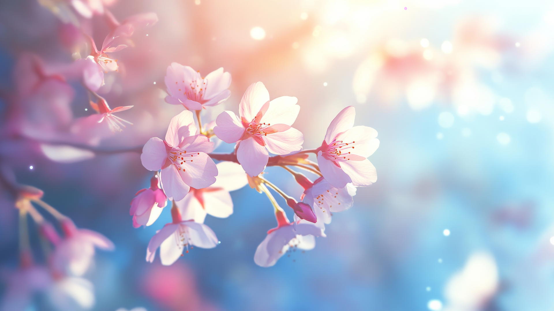 Pink and blue wallpaper with pink cherry blossoms against a bright blue sky