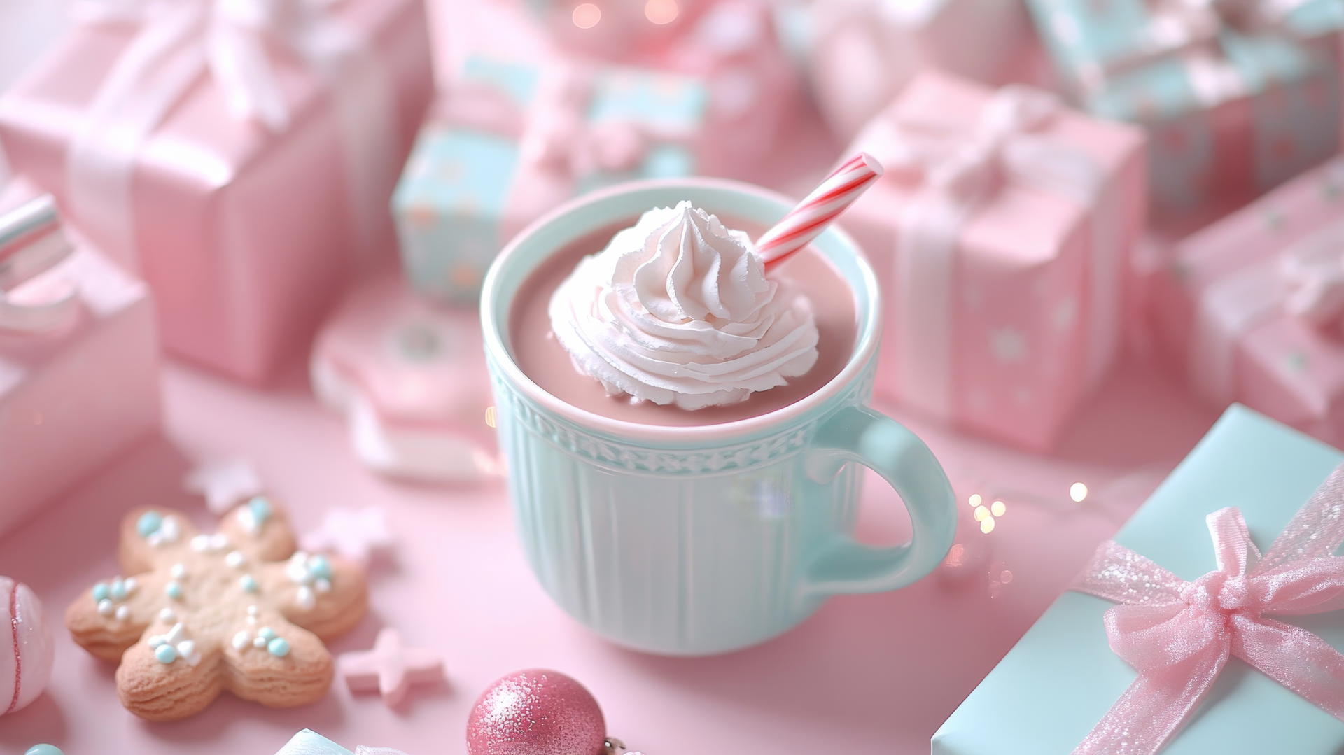 Girly cute Christmas wallpaper with hot chocolate, whipped cream, candy cane, pastel presents, and cookies.