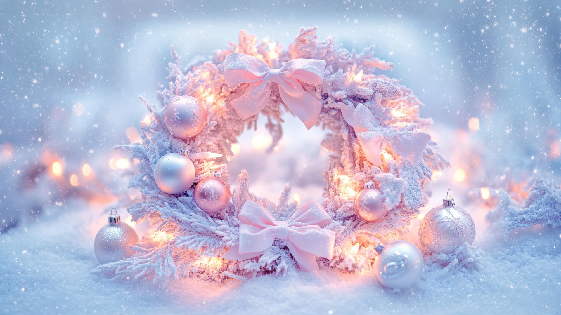 Girly cute Christmas wallpaper with pastel wreath, bows, ornaments, and lights.