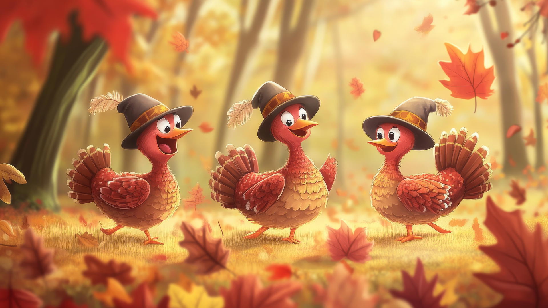 thanksgiving wallpaper with cartoon turkeys in pilgrim hats and autumn leaves