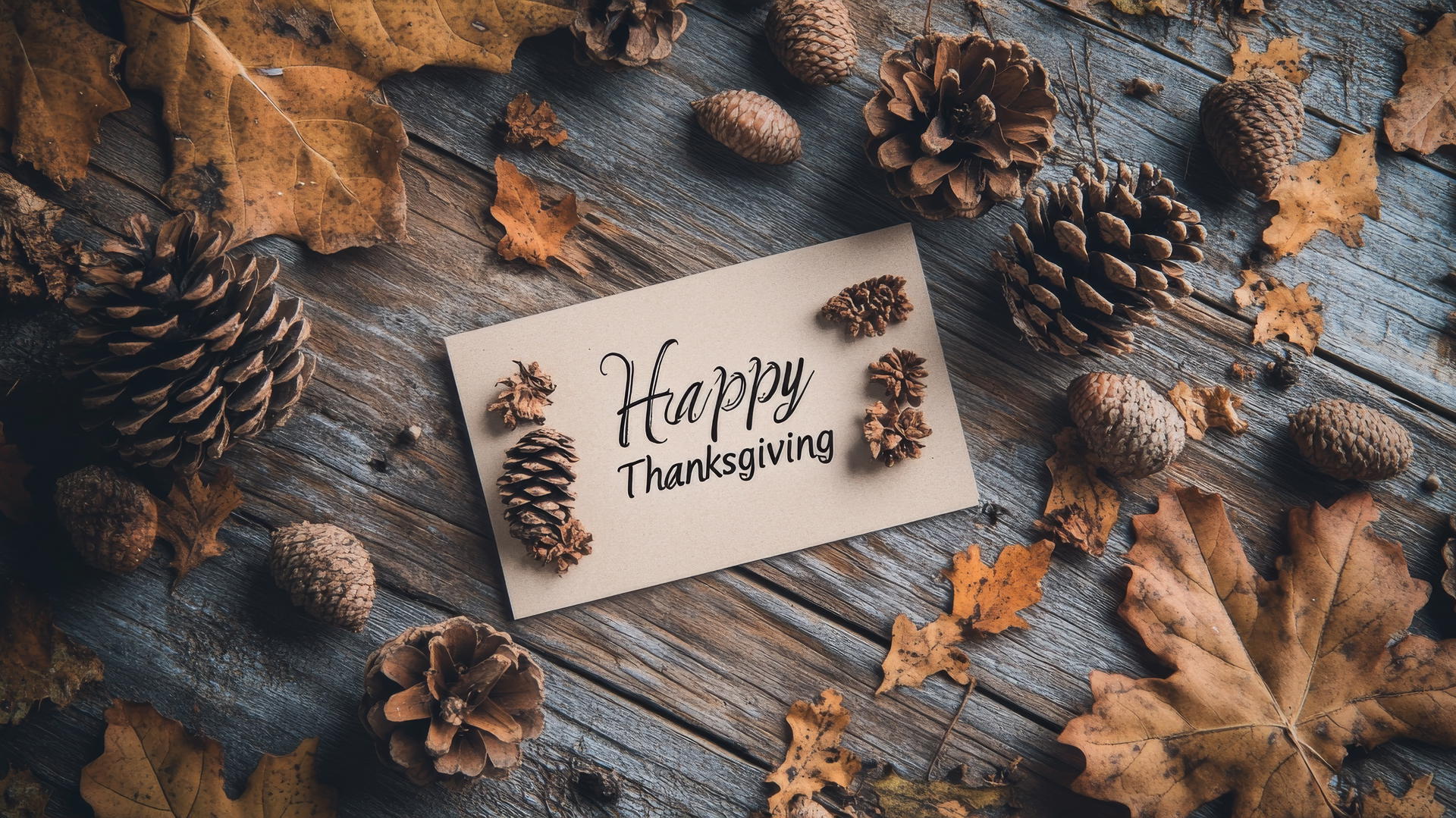 Elegant flat lay of Thanksgiving-themed items like acorns, pine cones, and a handwritten 'Happy Thanksgiving' card on a rustic wooden background, thanksgiving wallpaper
