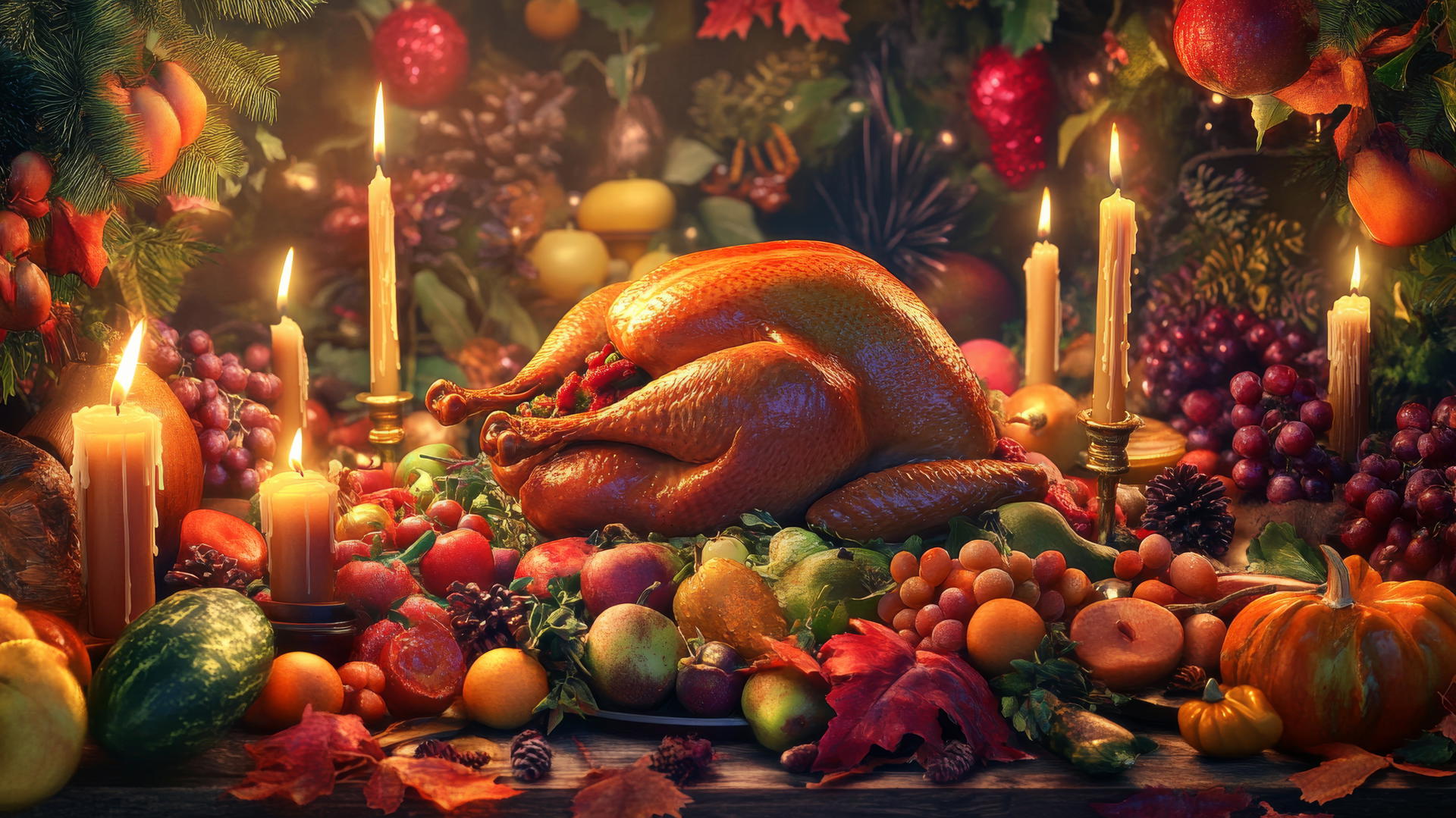 thanksgiving wallpaper with a large roasted turkey and seasonal vegetables