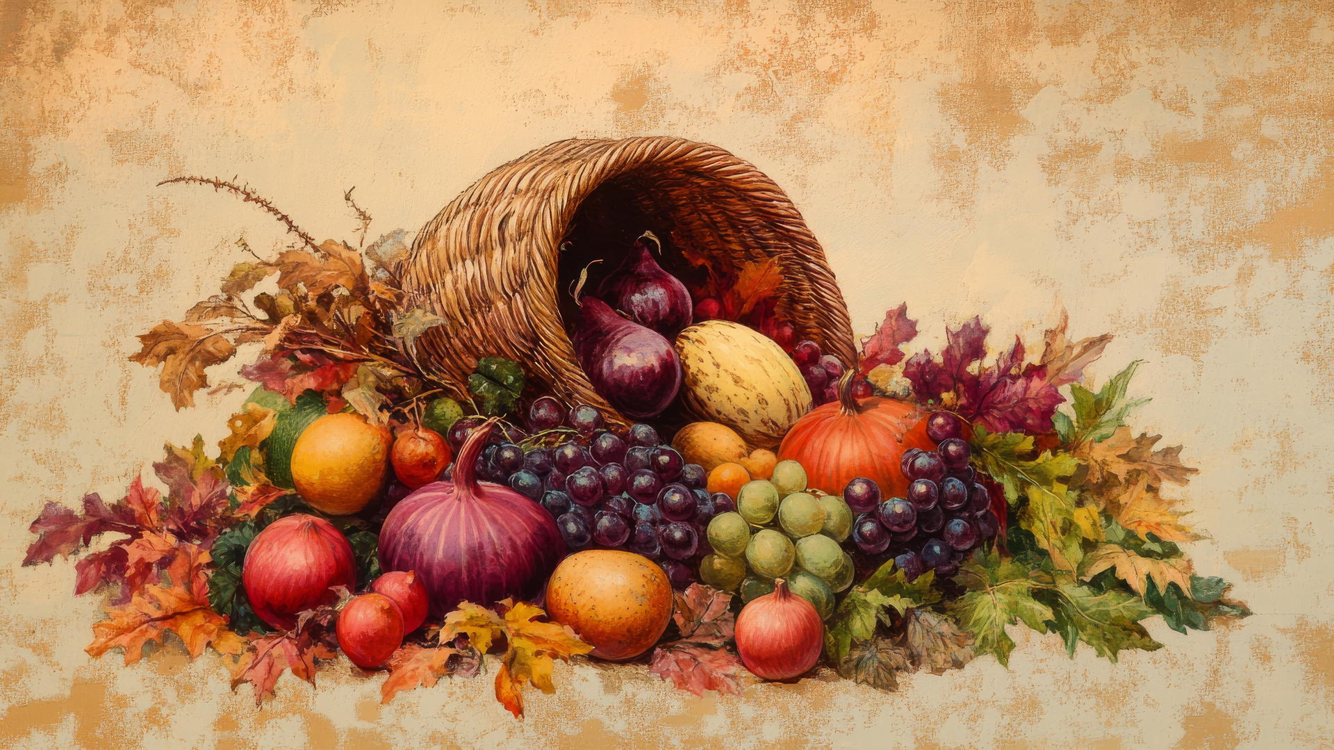 vintage-style Thanksgiving wallpaper with a cornucopia of fruits and vegetables
