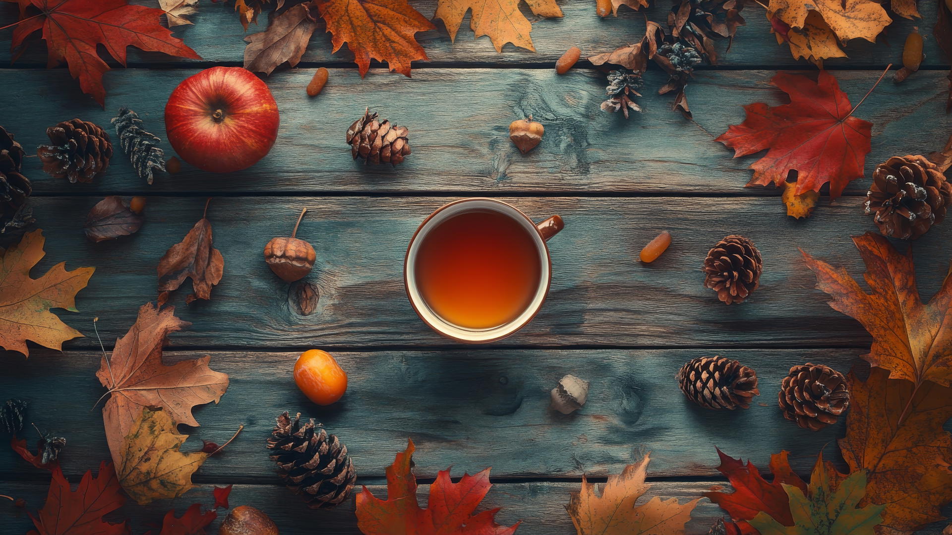 Thanksgiving wallpaper with autumn leaves, pine cones, and hot cider on a rustic wooden table