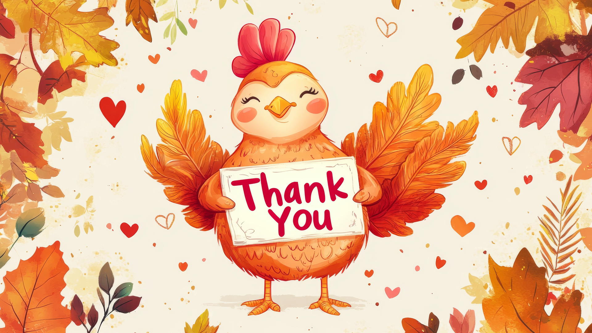 cute thanksgiving wallpaper with a kawaii turkey holding a 'Thank You' sign, surrounded by fall leaves and hearts