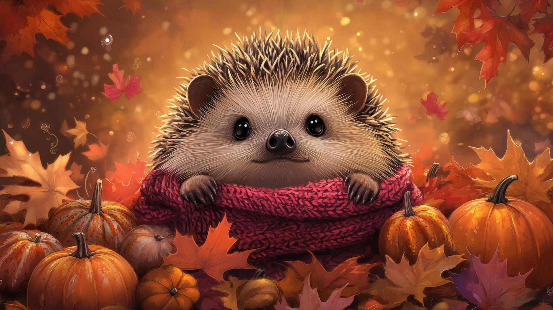 cute thanksgiving wallpaper with a little hedgehog in a scarf amid colorful fall leaves and pumpkins