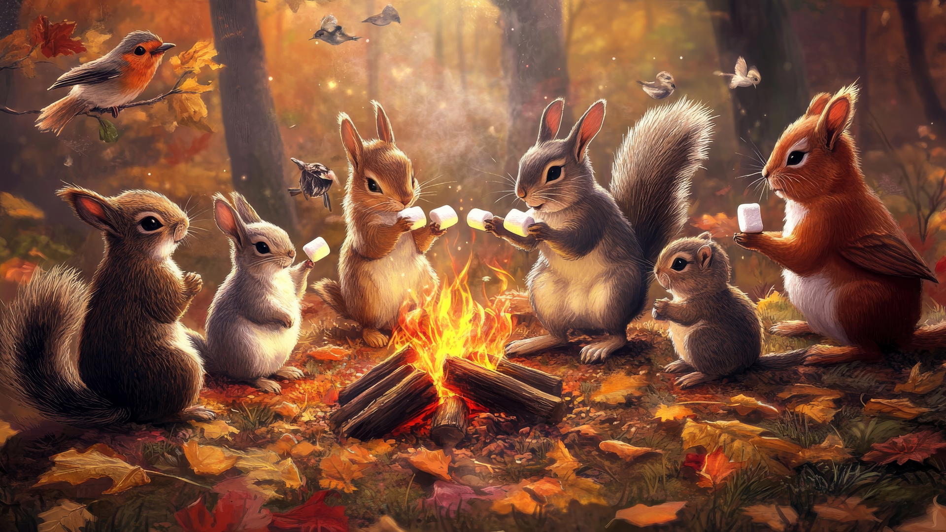 Cute Thanksgiving wallpaper with forest animals roasting marshmallows.