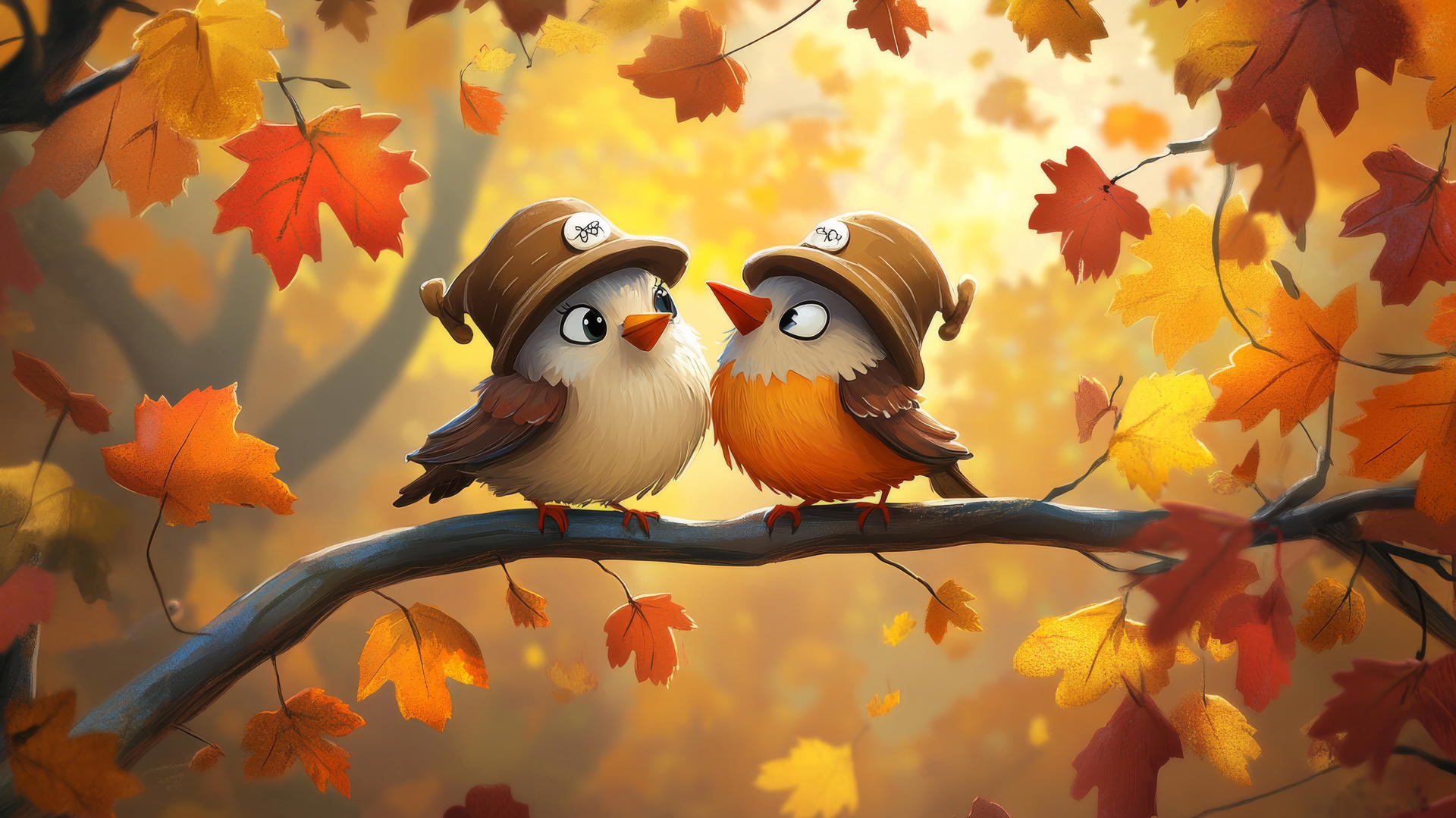 Cute thanksgiving wallpaper featuring two cartoon birds in pilgrim hats on a tree branch.
