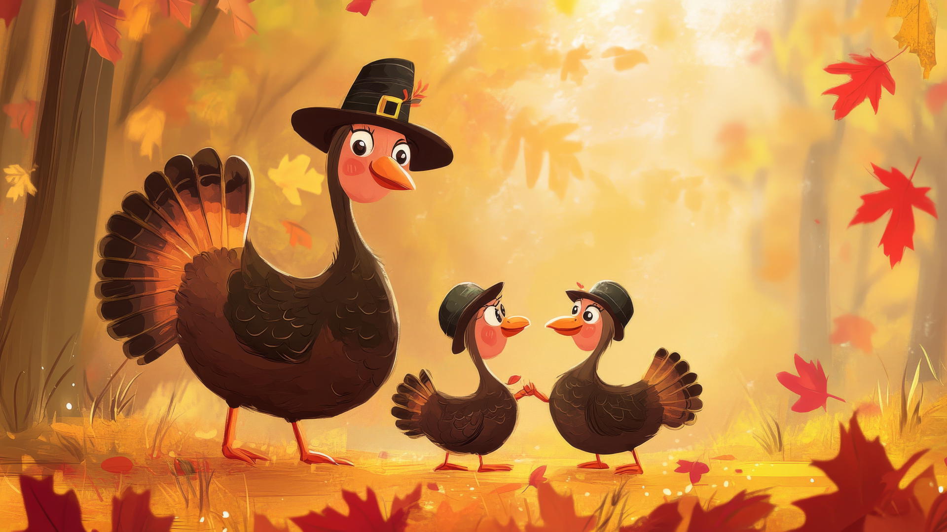 thanksgiving wallpaper cute with a small turkey family wearing hats and baby turkeys chasing leaves