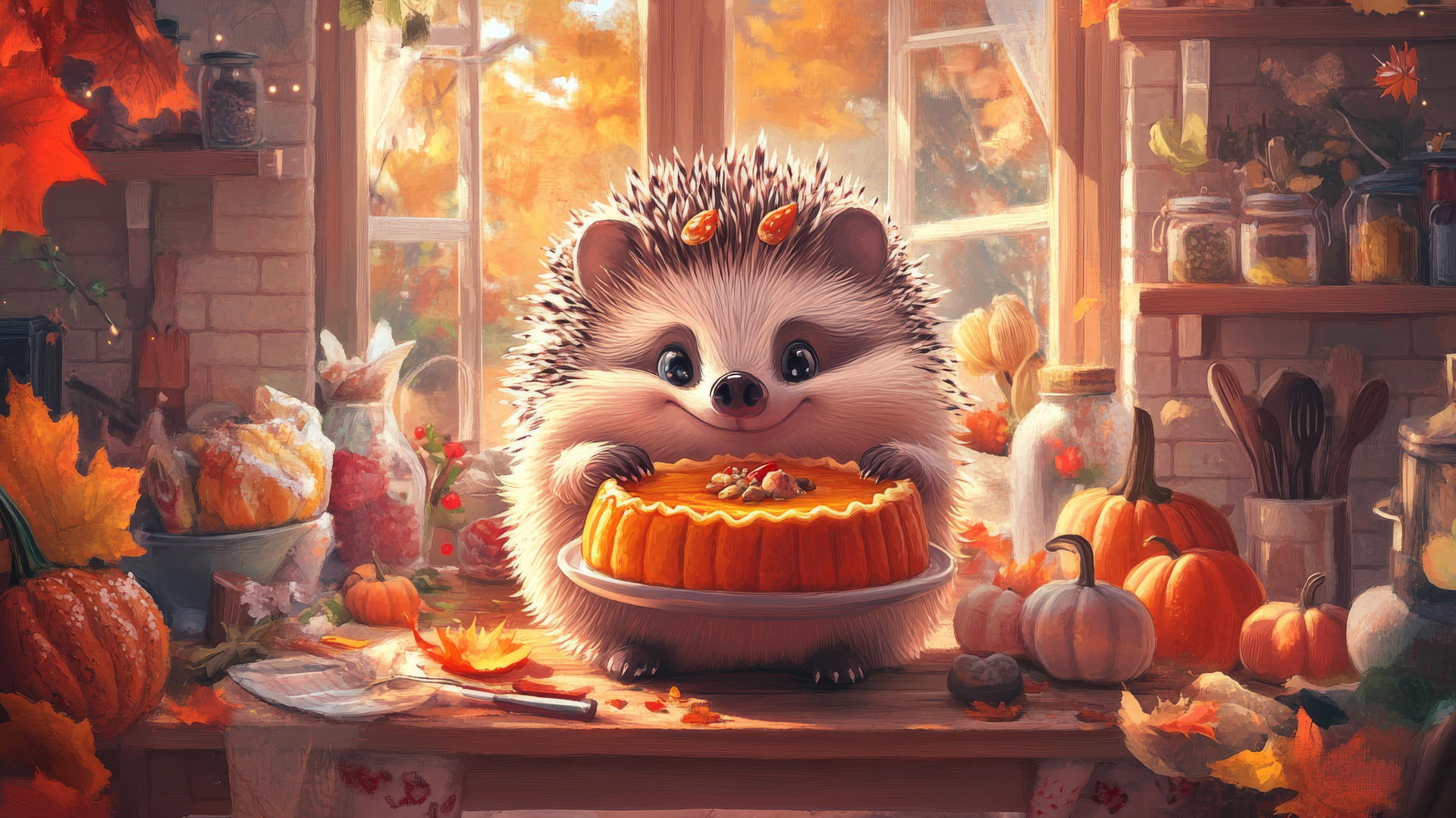 thanksgiving wallpaper cute, happy hedgehog baking pumpkin pie in tiny kitchen