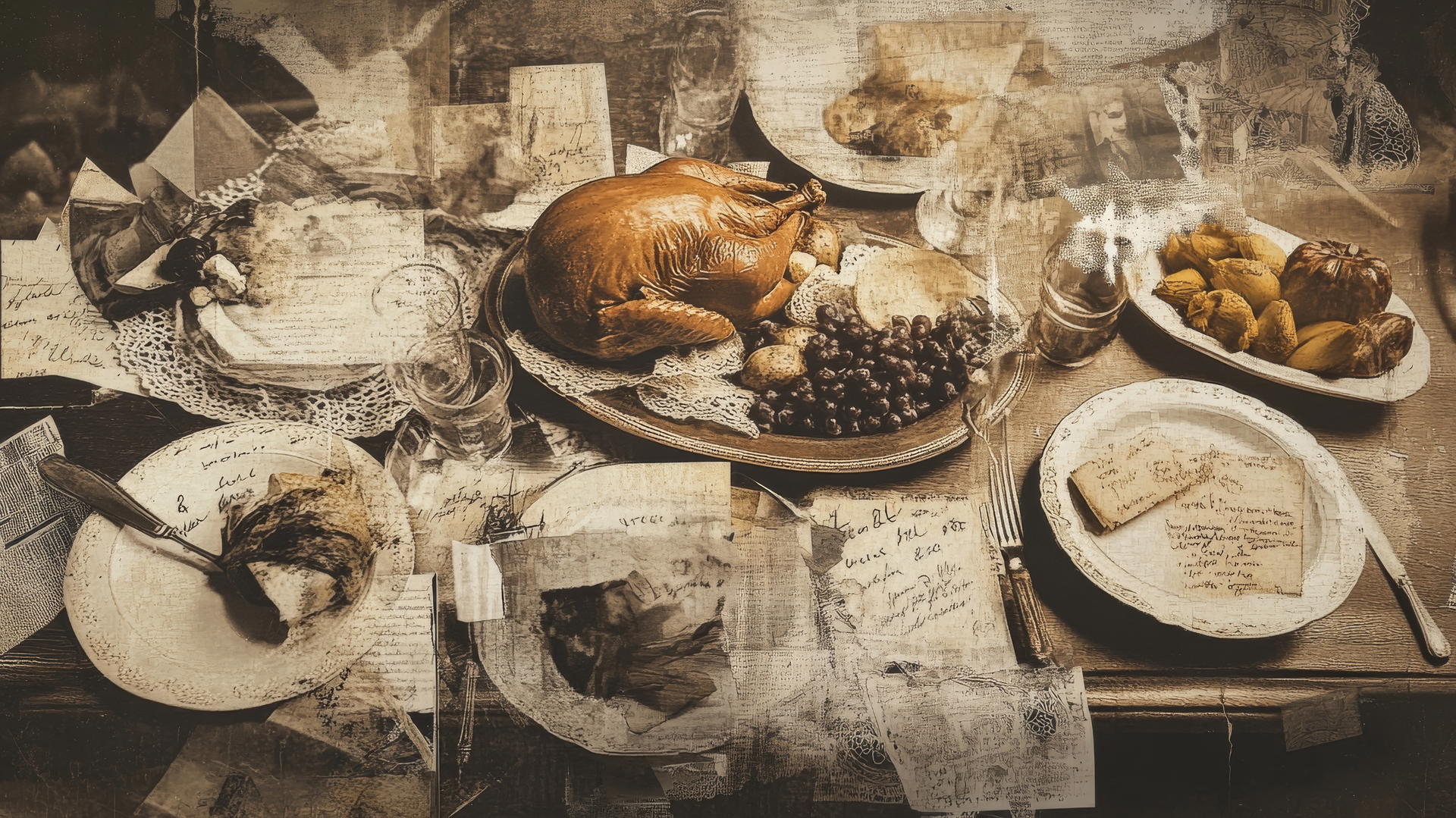 thanksgiving wallpaper aesthetic with sepia-toned photographs of 1920s dinners