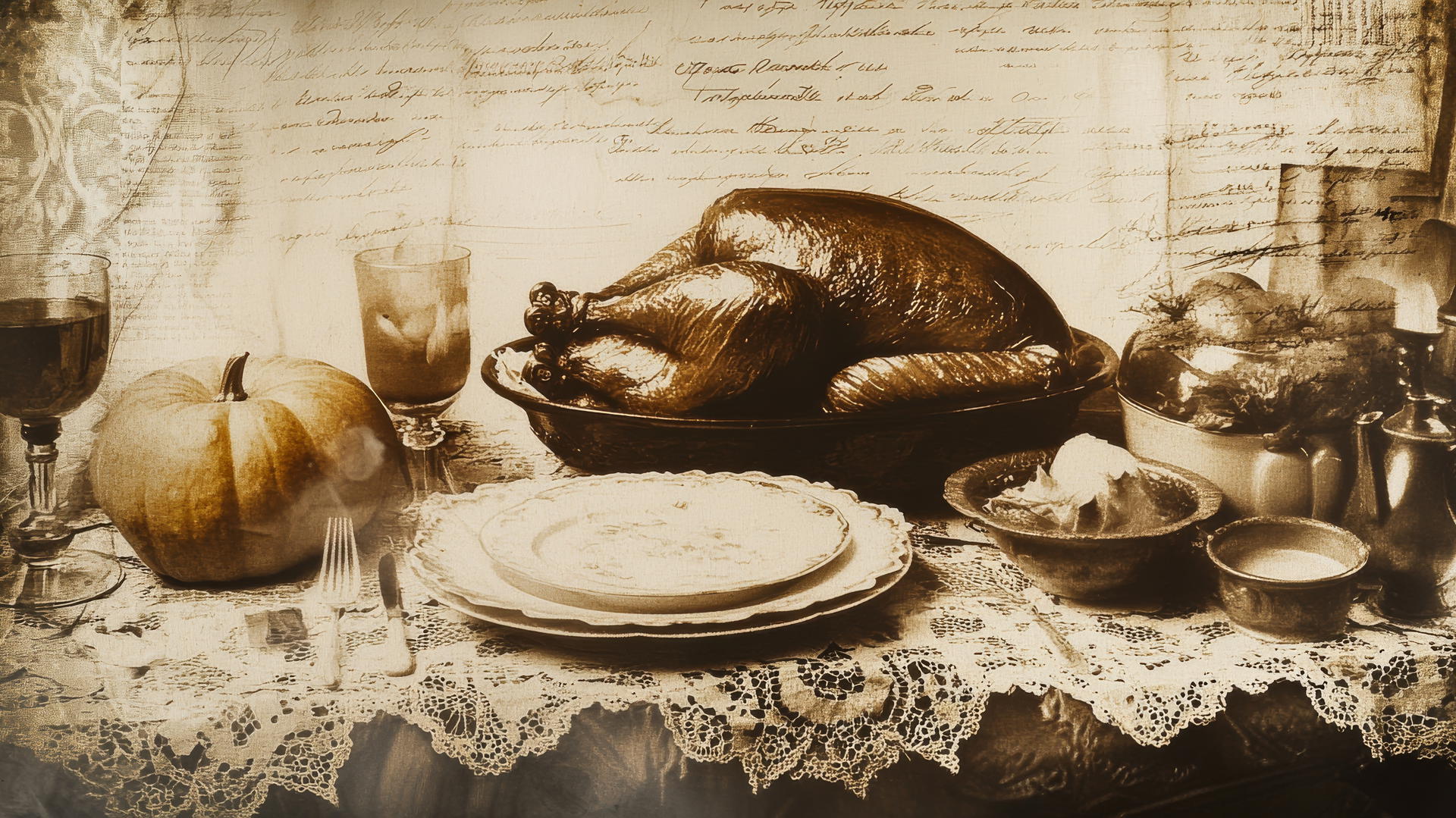 thanksgiving wallpaper aesthetic with sepia-toned photos of 1920s dinners, lace, and handwritten notes