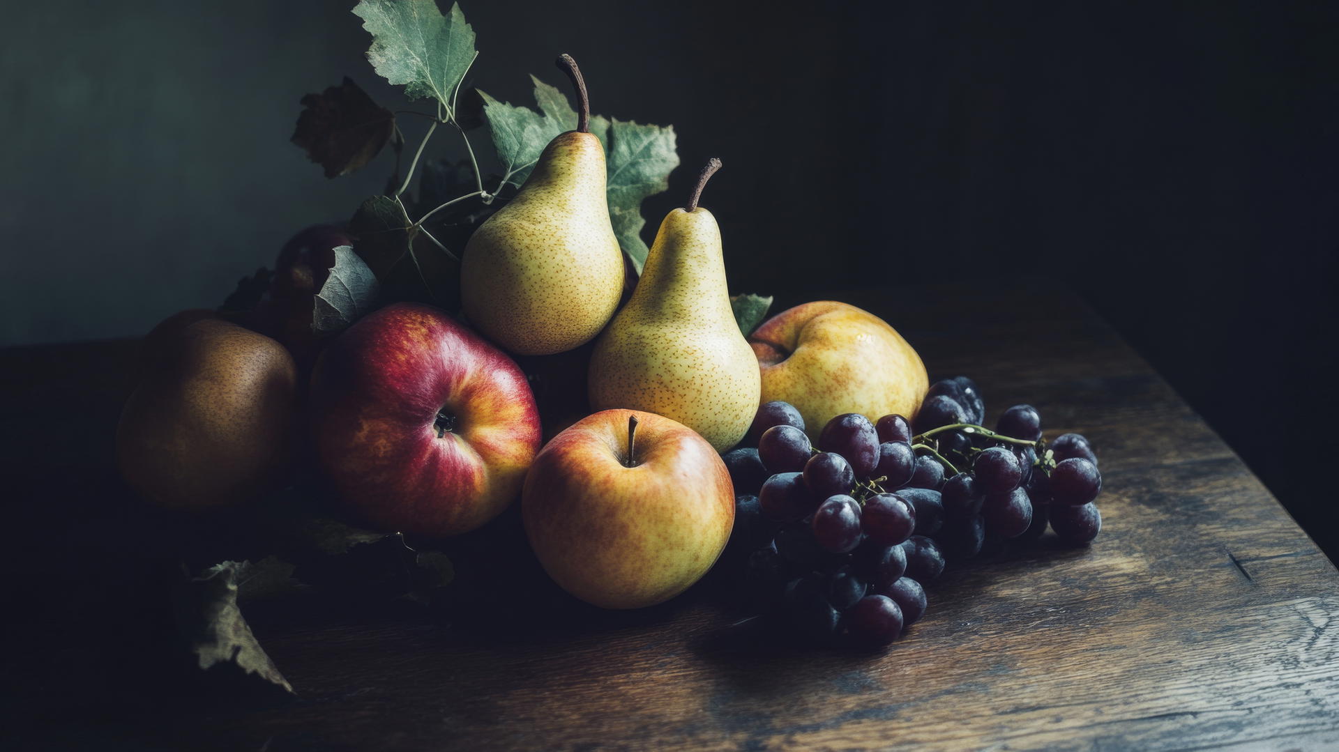 thanksgiving wallpaper aesthetic with autumn fruits like apples, pears, and grapes on dark wooden surface