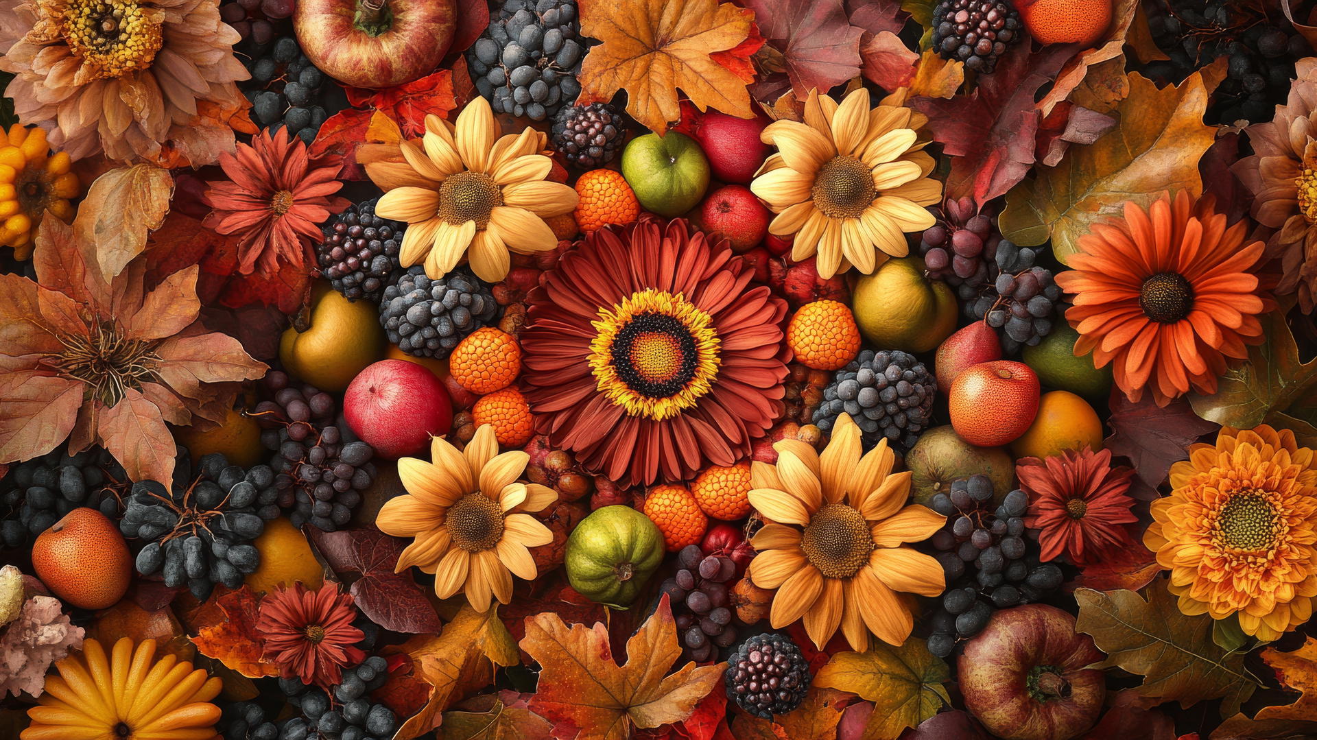 thanksgiving wallpaper aesthetic with flowers, autumn foliage and fruits in mandala pattern