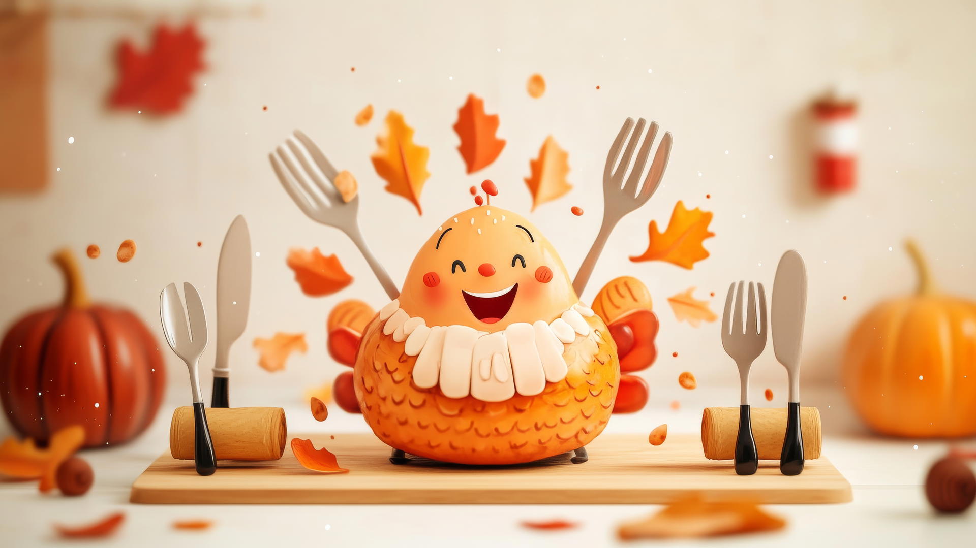 happy thanksgiving wallpaper with cartoon kitchen utensils and a turkey