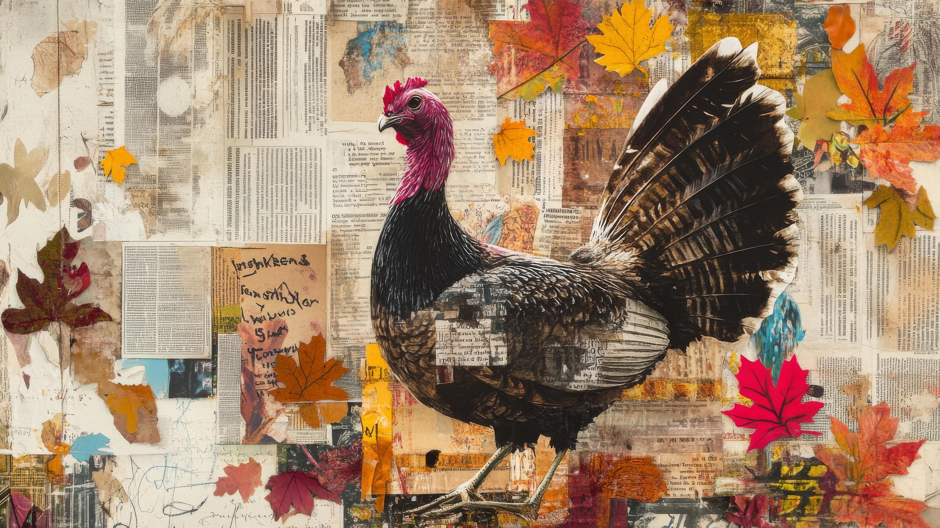 thanksgiving aesthetic wallpaper with collage of newspaper clippings, recipes, and leaves