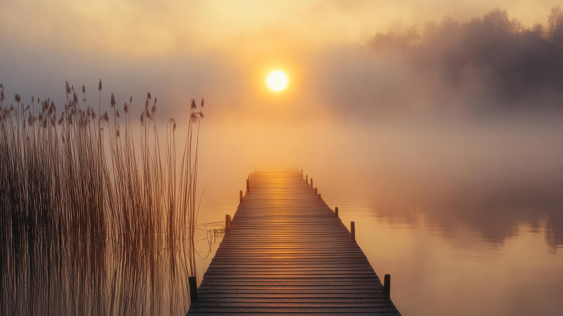 tranquil wooden dock on foggy lake with reeds and rising autumn sun for thanksgiving aesthetic wallpaper