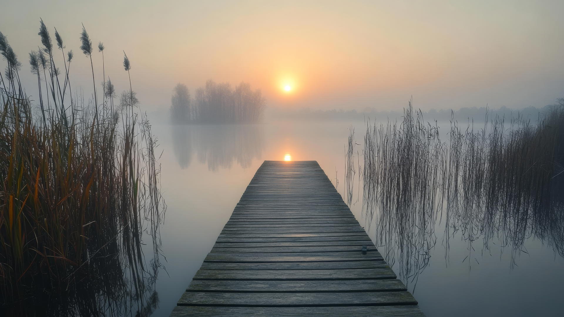 thanksgiving aesthetic wallpaper with wooden dock, foggy lake, autumn sun