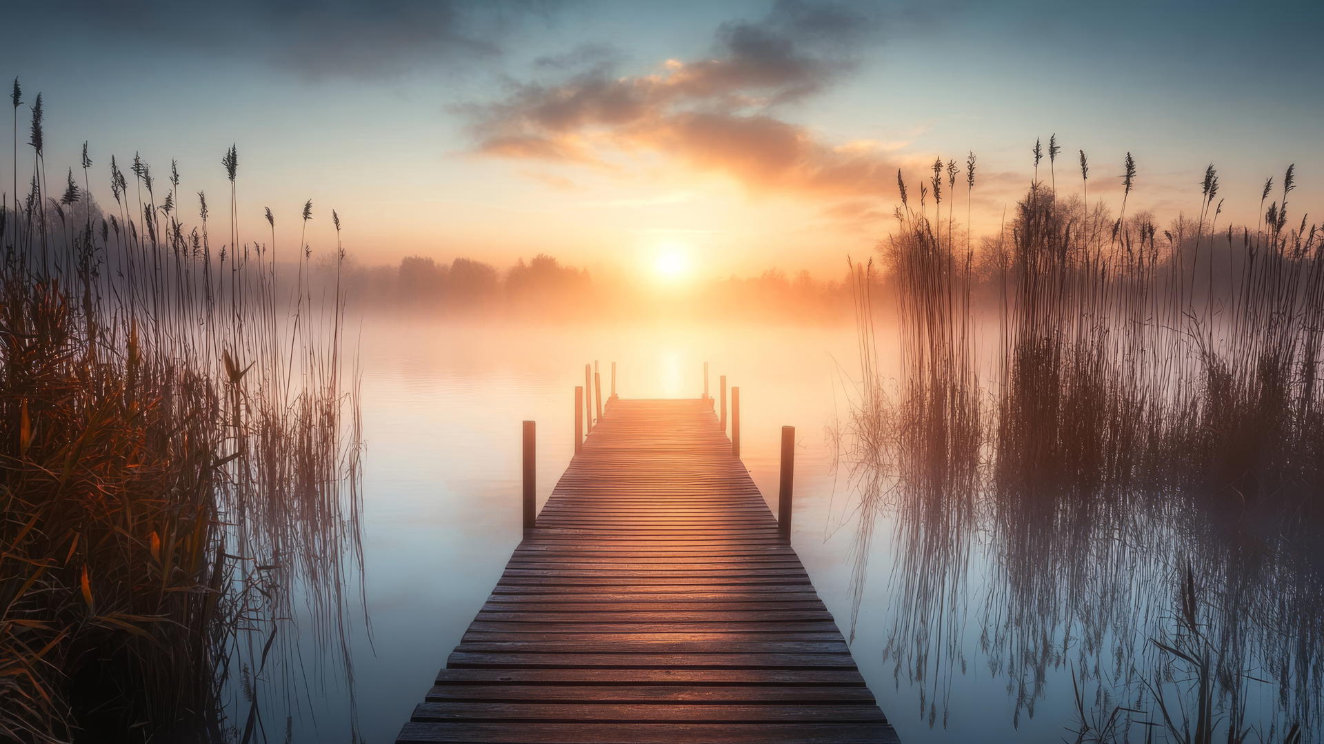 thanksgiving aesthetic wallpaper with a wooden dock and foggy lake at sunrise