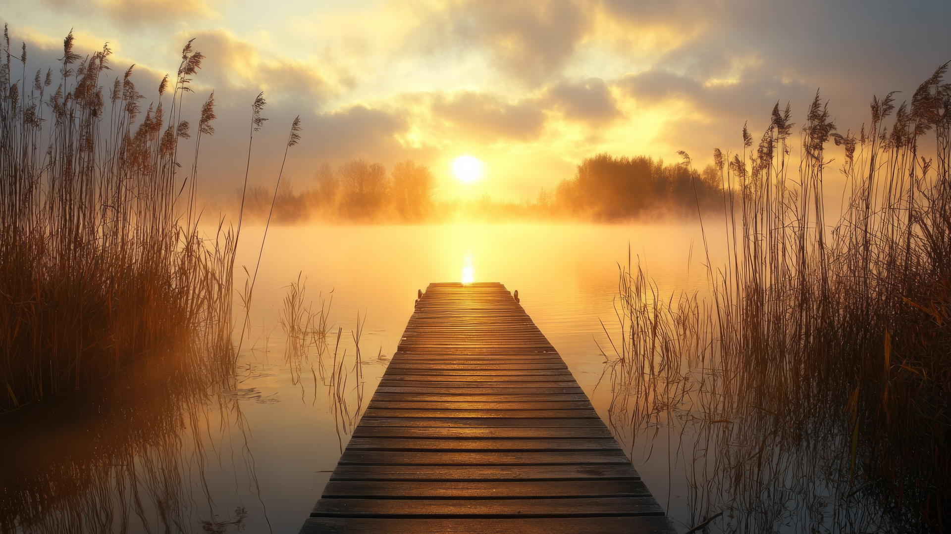 Thanksgiving aesthetic wallpaper featuring a wooden dock extending into a foggy lake at sunrise.