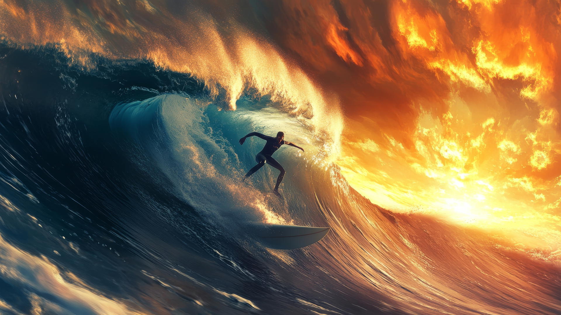 Surfer riding a large wave with sun glistening on the water; summer wallpaper