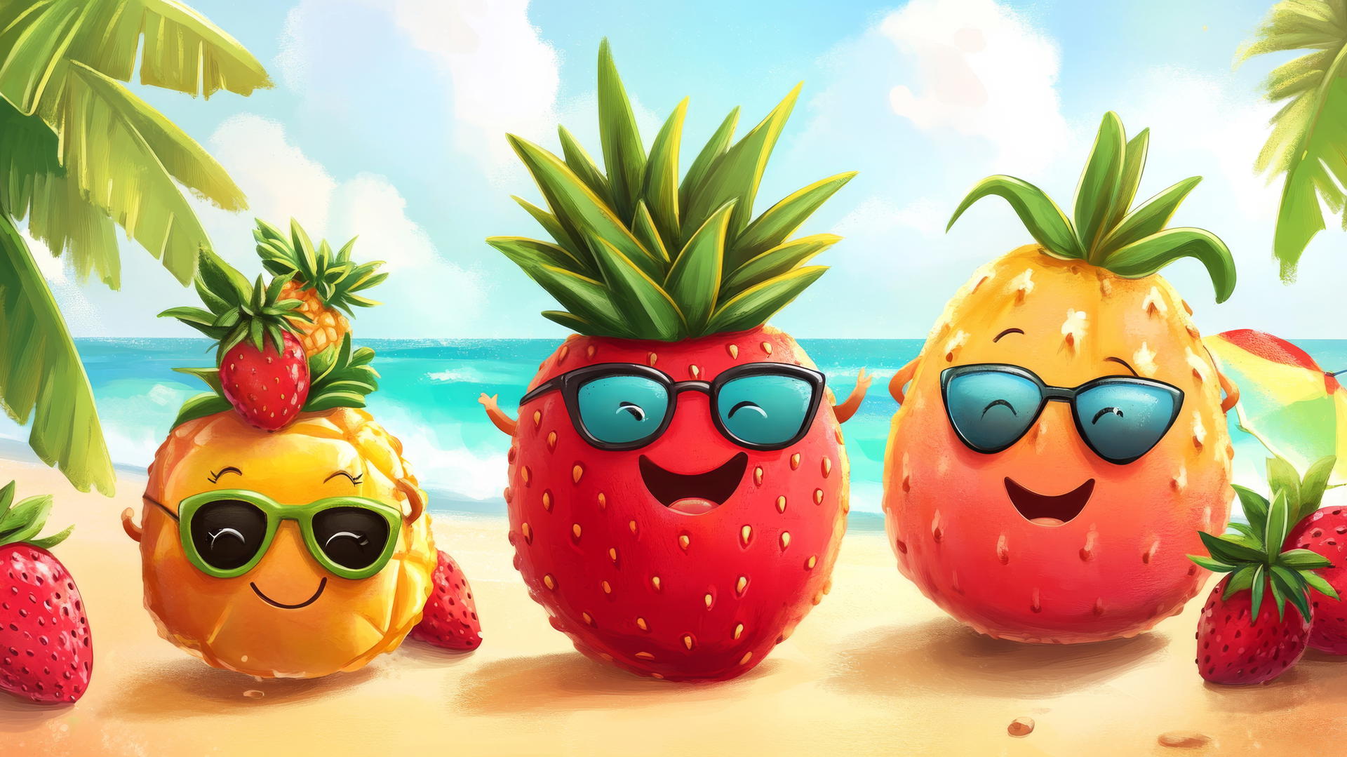 cute summer wallpaper with smiling strawberries, pineapples with sunglasses, and dancing watermelons on a sunny beach