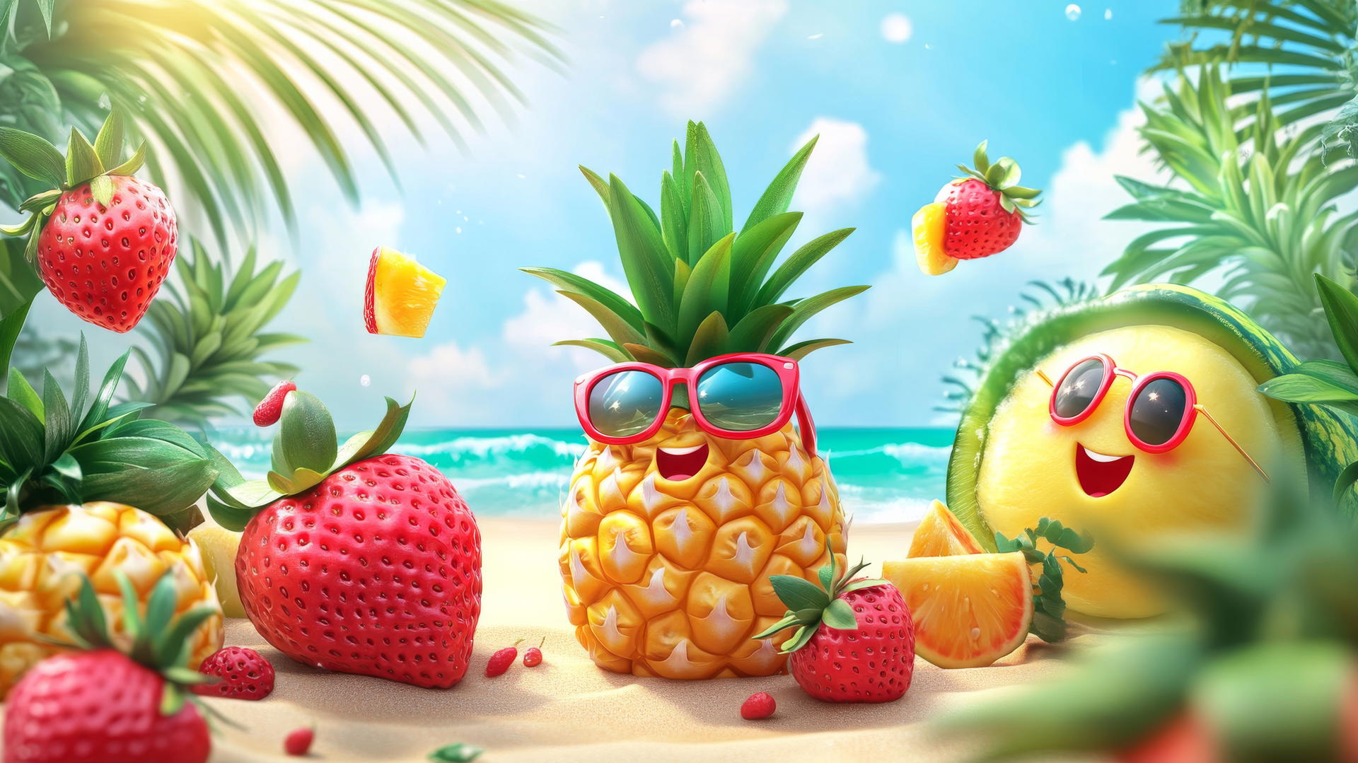 cute summer wallpaper with anthropomorphized fruits like smiling strawberries, pineapples with sunglasses, and dancing watermelons on a sunny beach