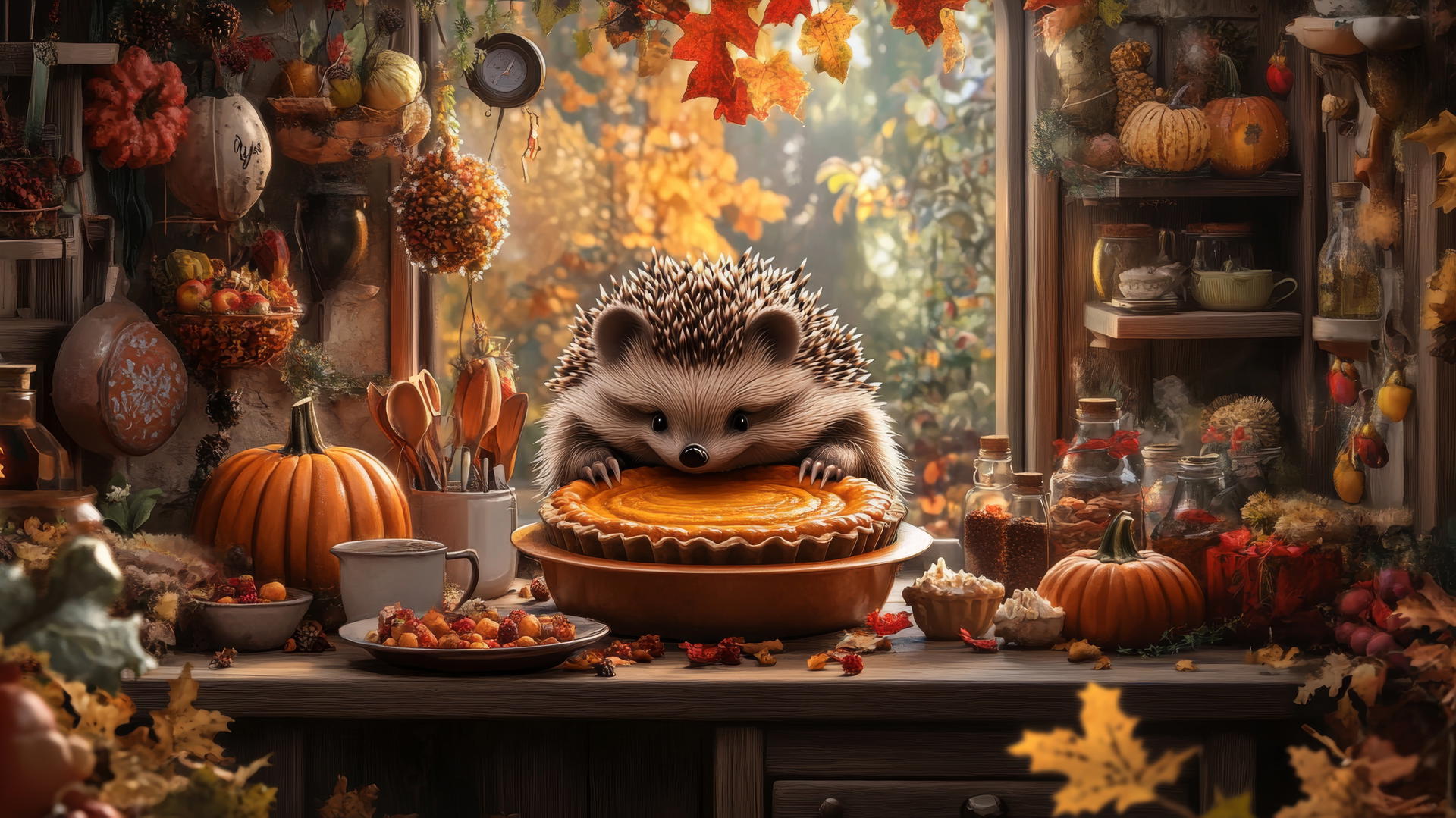 thanksgiving wallpaper cute: happy hedgehog baking pumpkin pie in decorated kitchen