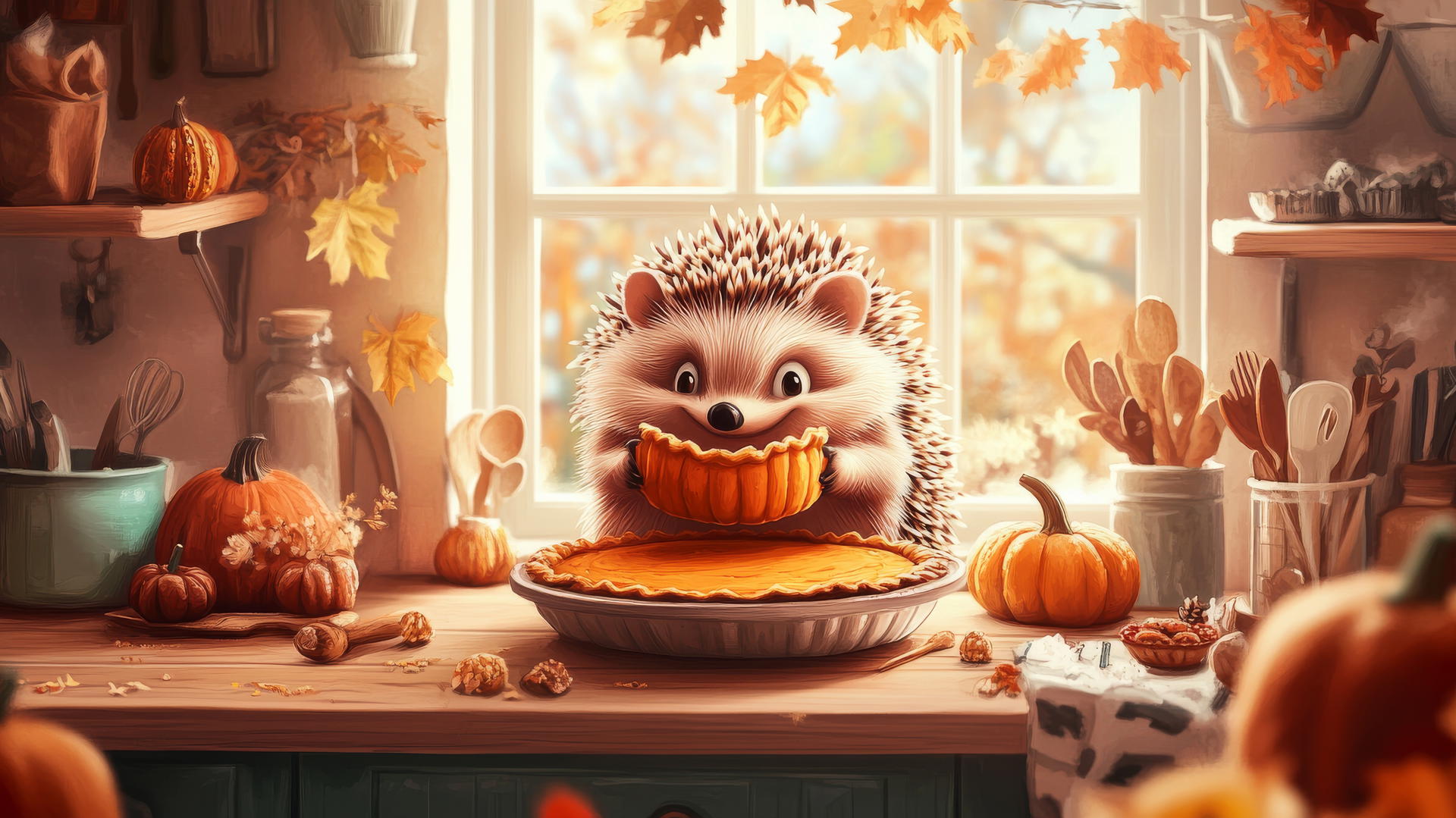 thanksgiving wallpaper cute with a happy hedgehog baking pumpkin pie