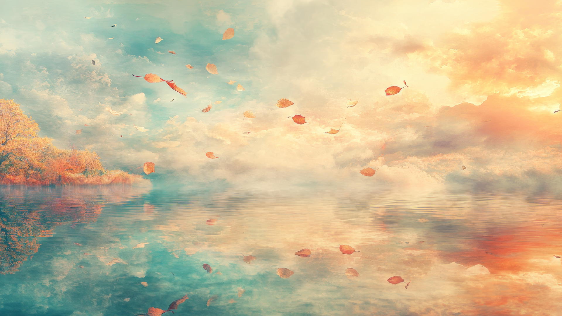 Aesthetic thanksgiving wallpaper with golden leaves over a reflective pond under a pastel autumn sky