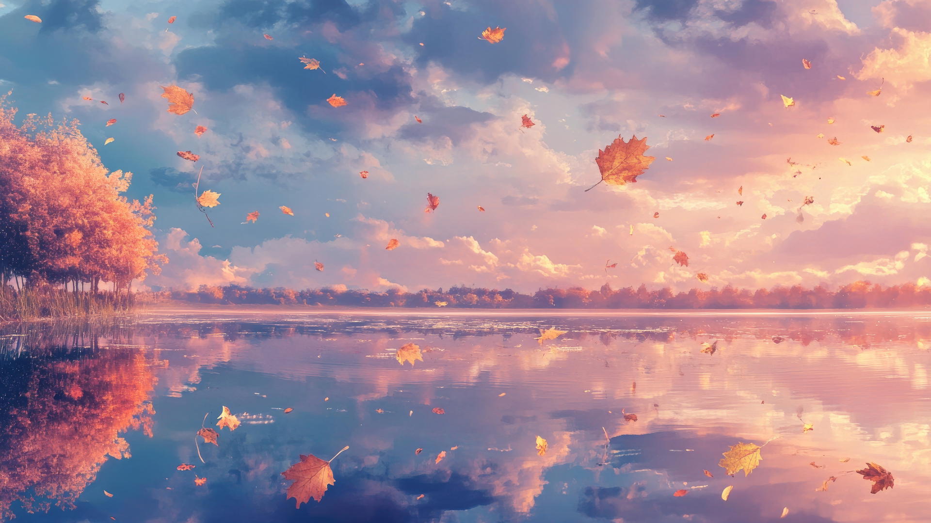 aesthetic thanksgiving wallpaper with golden leaves floating on a reflective pond