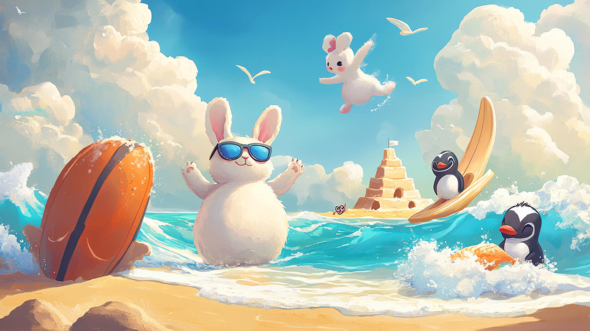 Cute summer wallpaper of cartoon beach day with bunny, bear, and penguin
