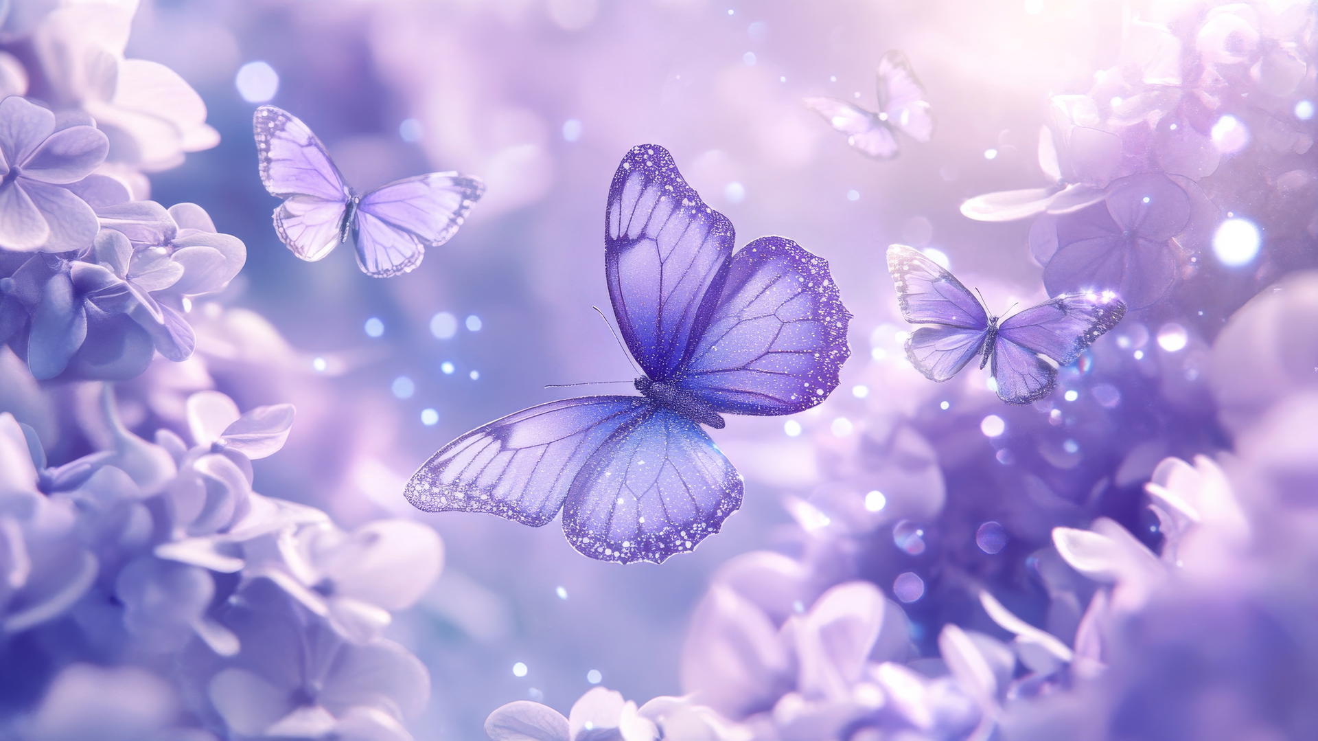 purple aesthetic wallpaper 4k with floating flowers, butterflies, and sparkles