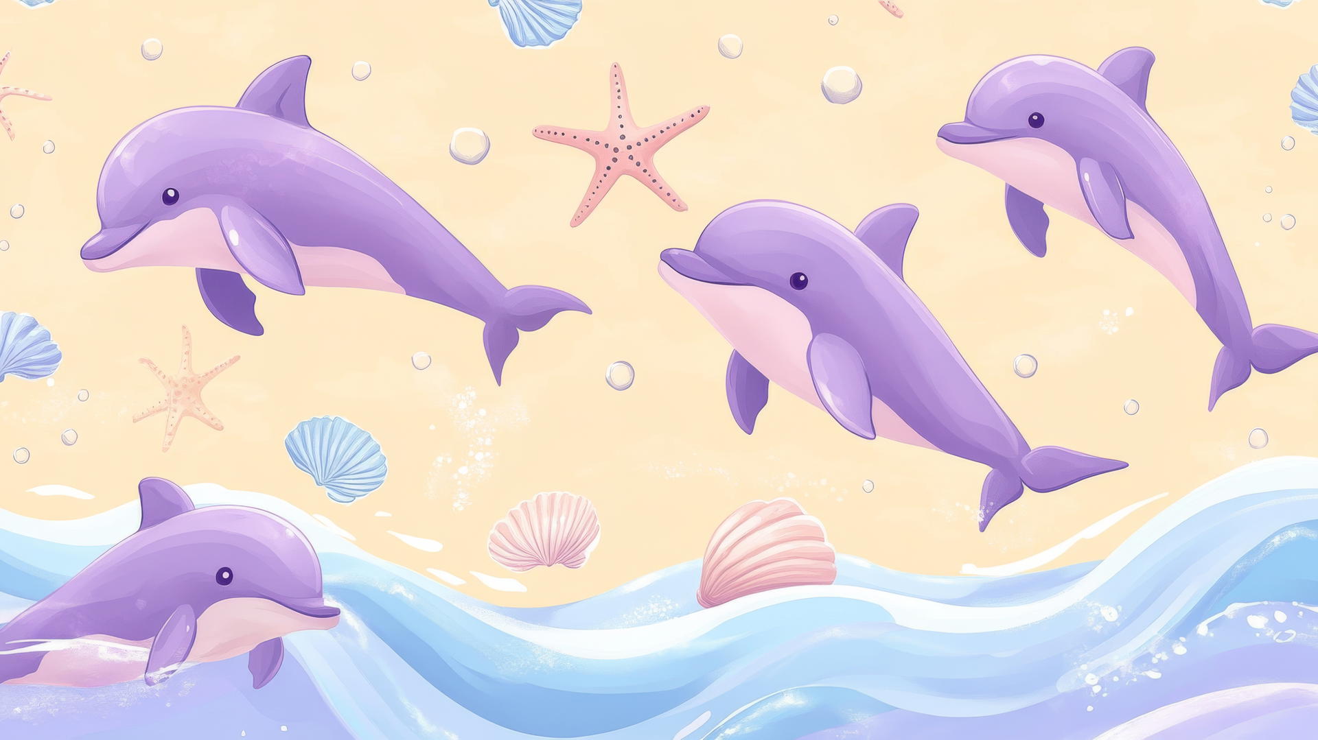 Cute purple aesthetic wallpaper with cartoon purple dolphins, pastel waves, starfish, and seashells