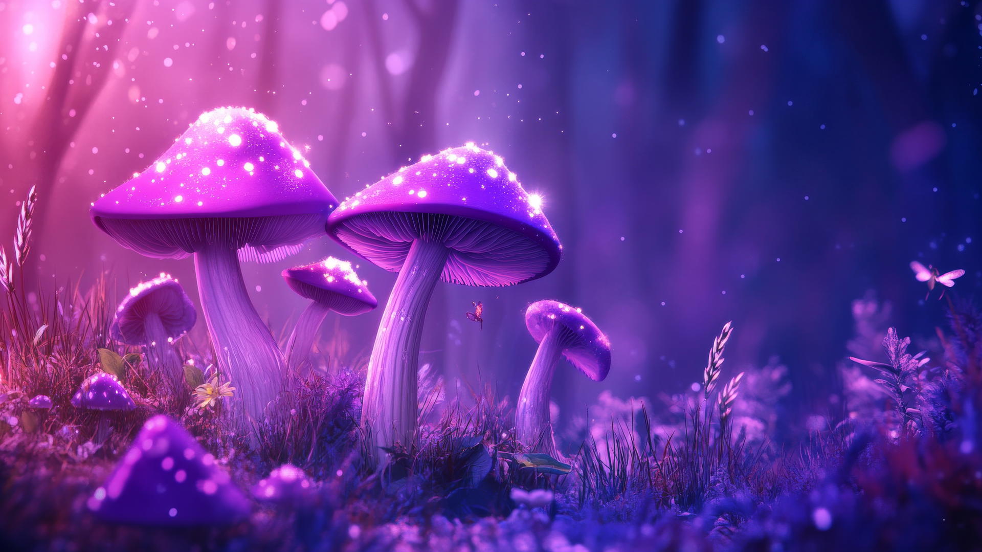 cute purple aesthetic wallpaper with cartoon mushrooms and fairy dust