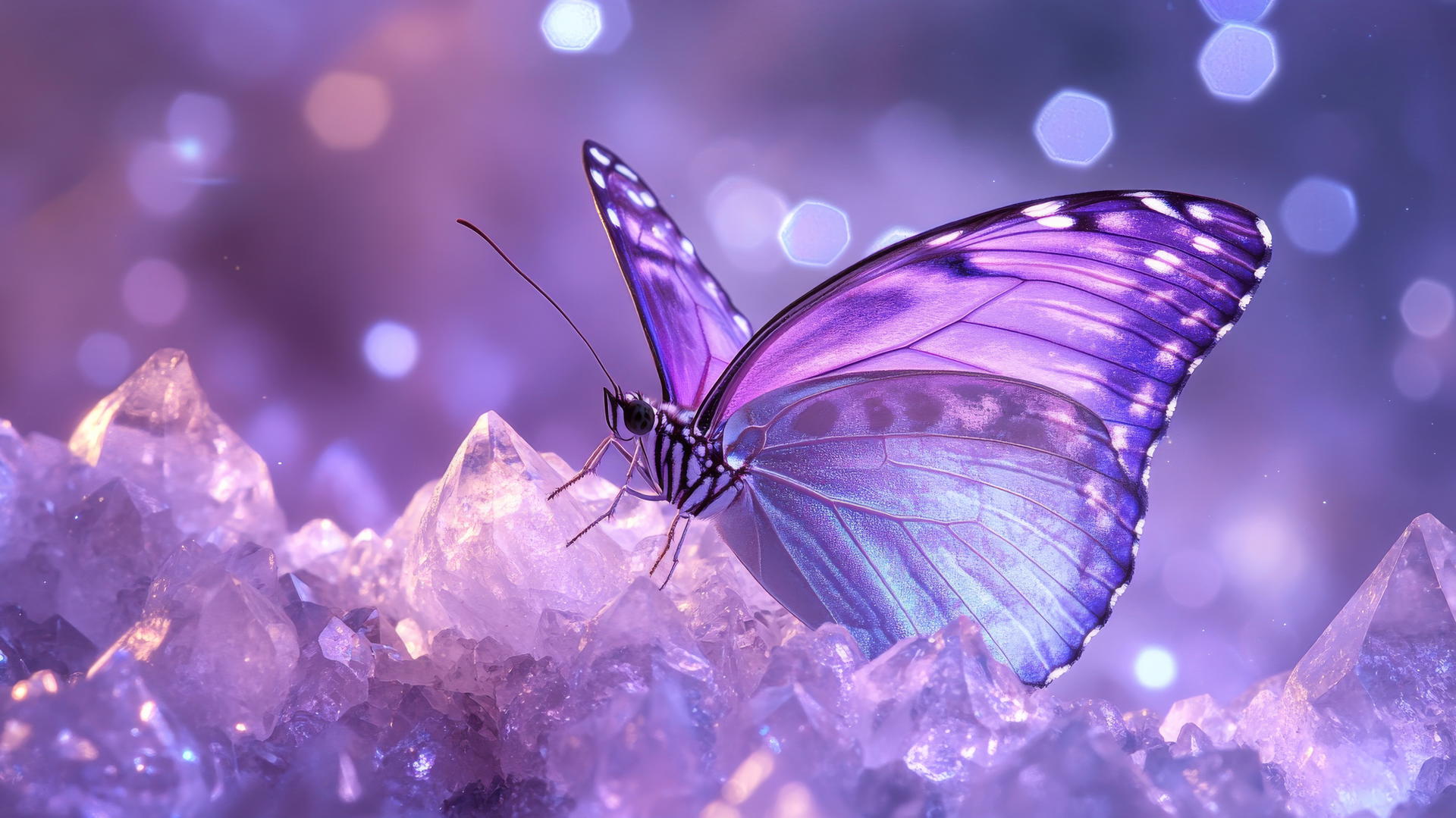 purple butterfly wallpaper with intricate wing patterns on a glowing crystal