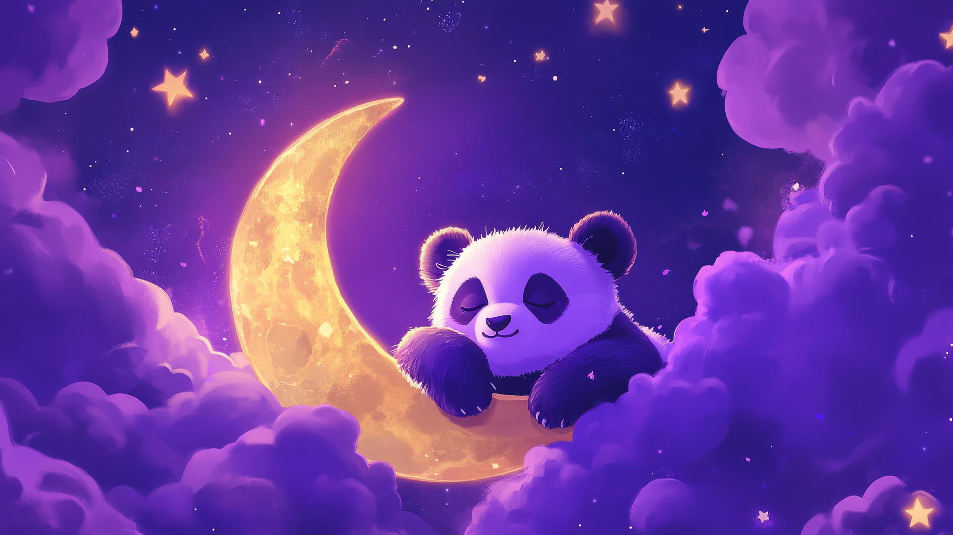 cute purple wallpaper with a sleepy panda on a crescent moon and glowing stars
