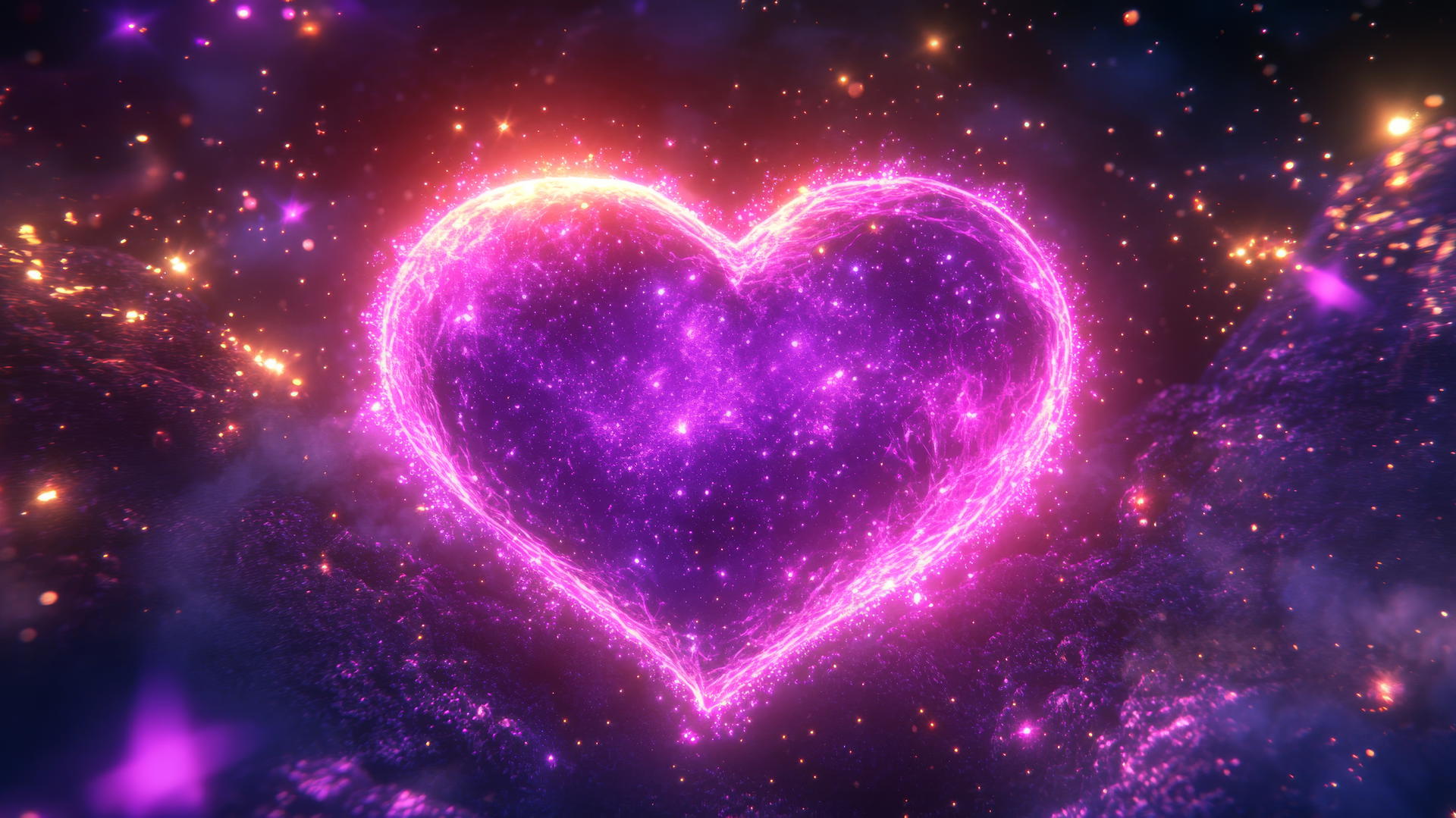 neon purple aesthetic wallpaper with a vibrant heart, stars, and sparkles