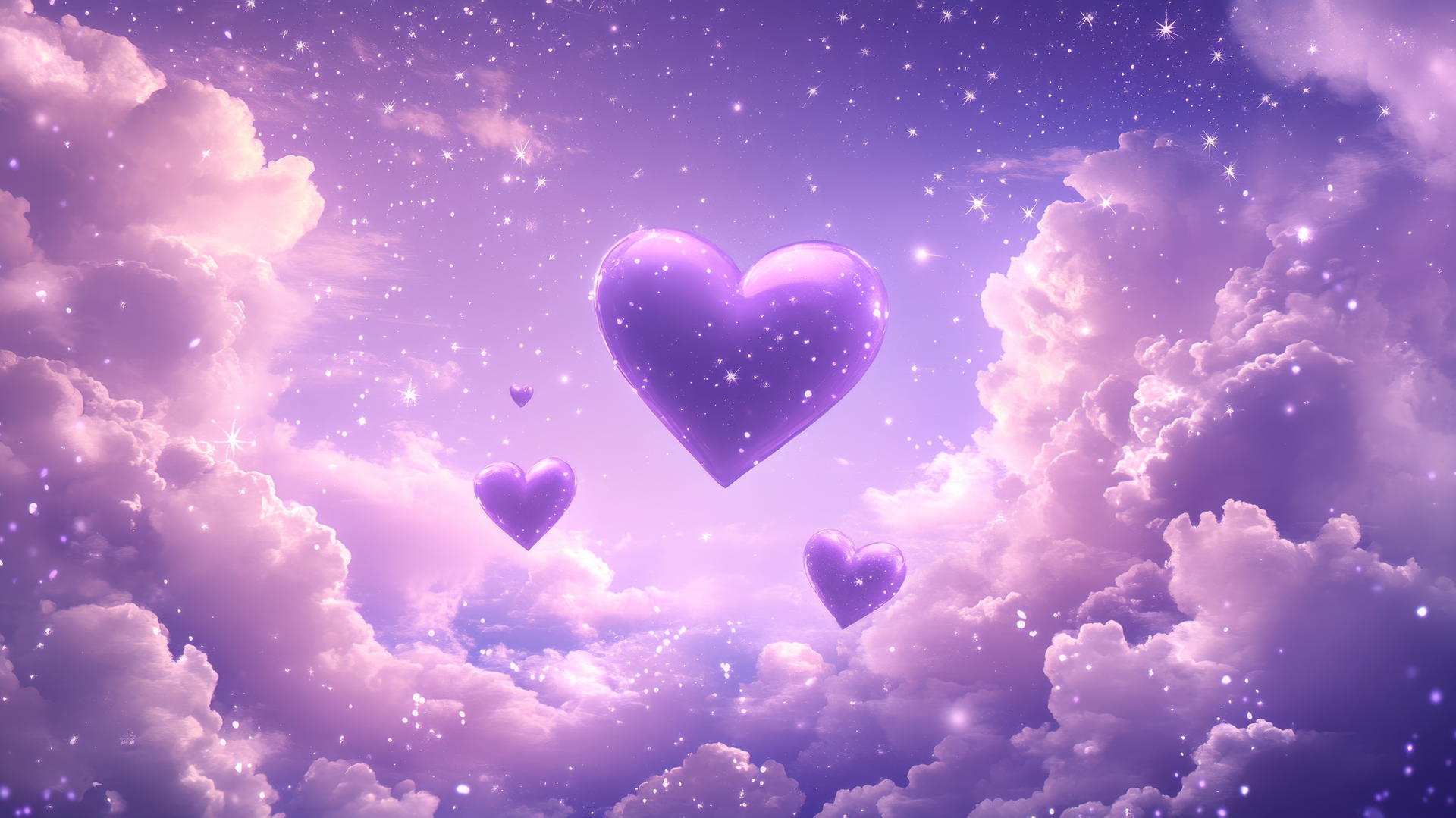 purple heart wallpaper with hearts floating in dreamy purple sky, surrounded by fluffy clouds, stars, and sparkles