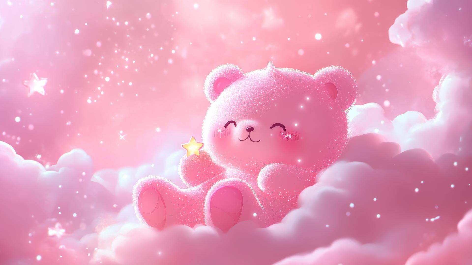 cute pink wallpaper with a kawaii bear holding a star on a fluffy cloud