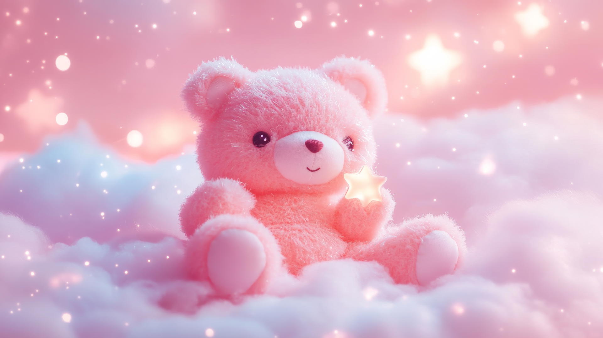 cute pink wallpaper with kawaii bear holding star on fluffy cloud