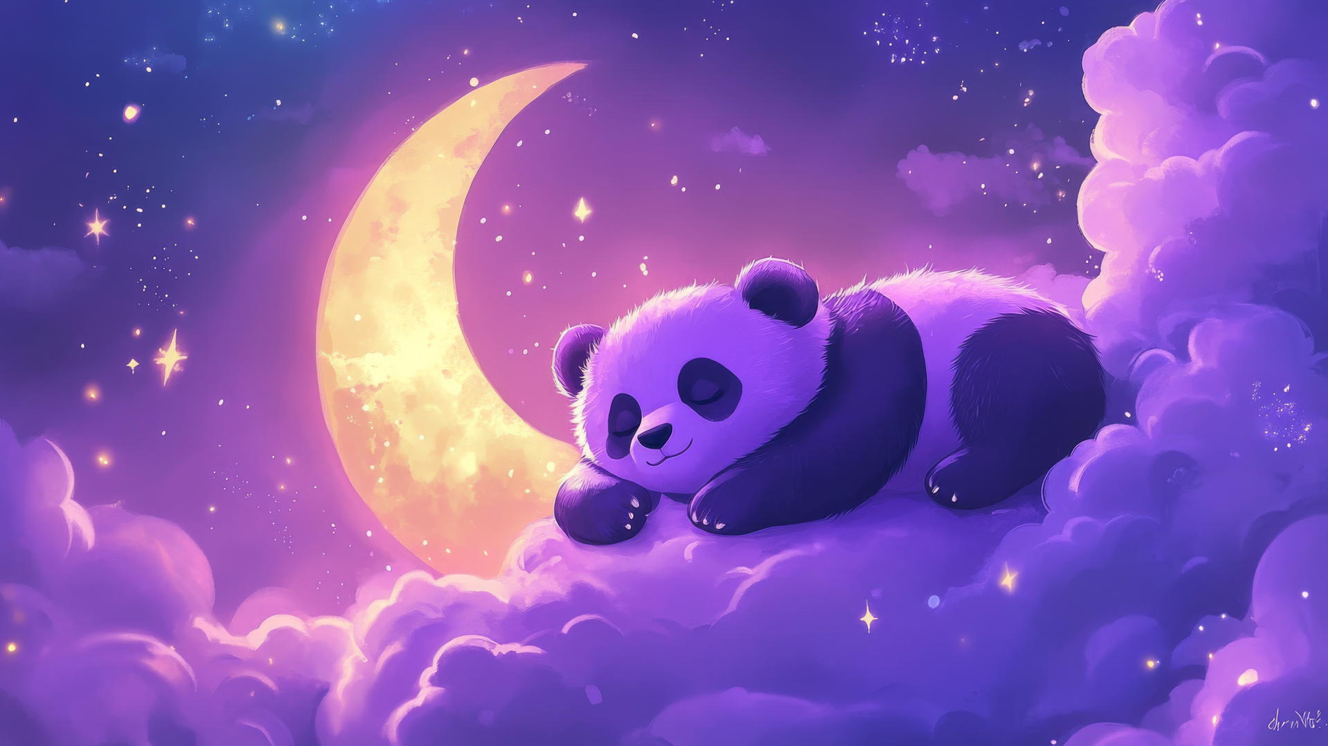 cute panda wallpaper 4k with a sleepy purple panda on a crescent moon, glowing stars, and lavender clouds