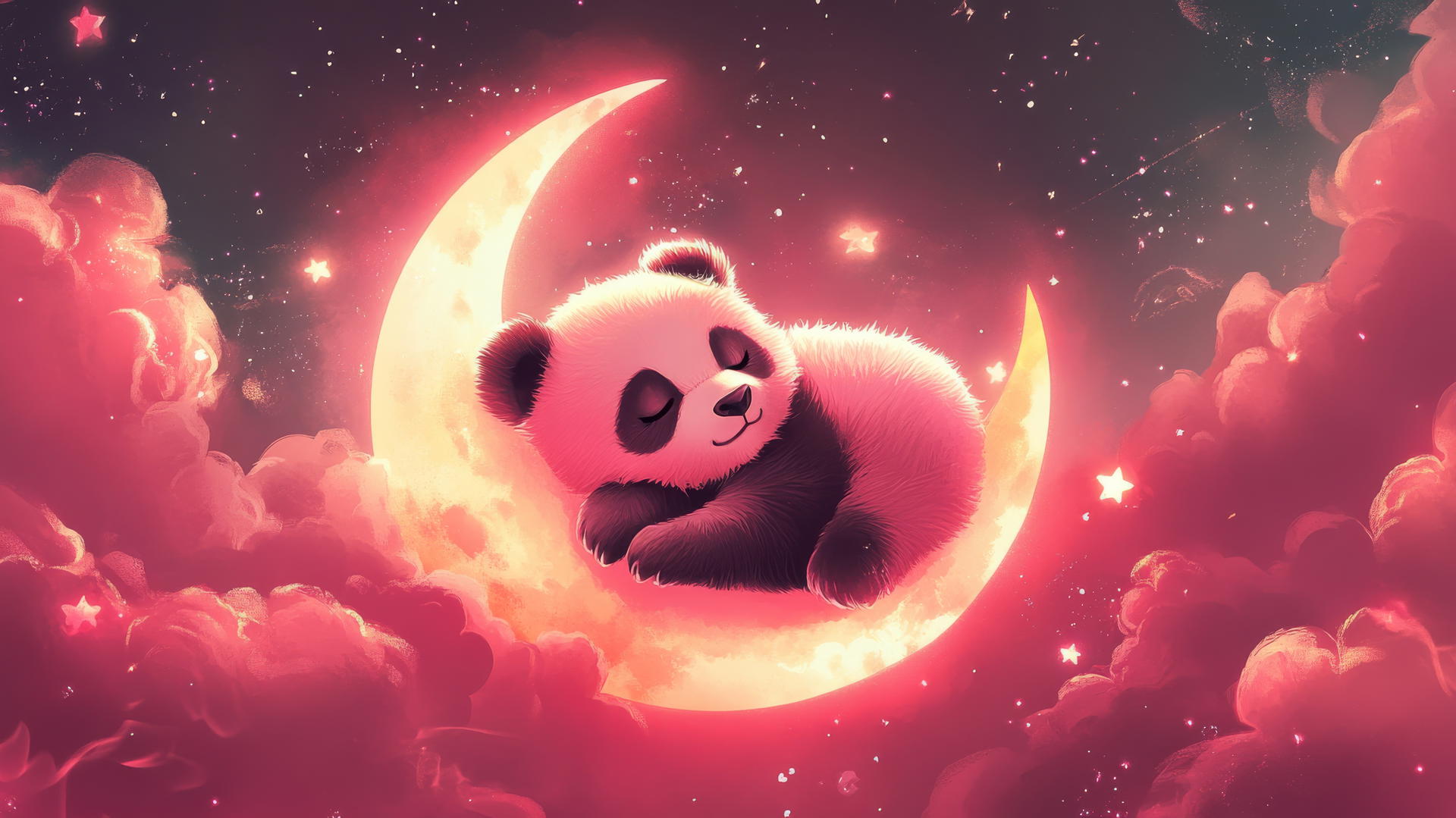 cute panda wallpaper 4k with a pink panda resting on a crescent moon surrounded by stars and pastel pink clouds