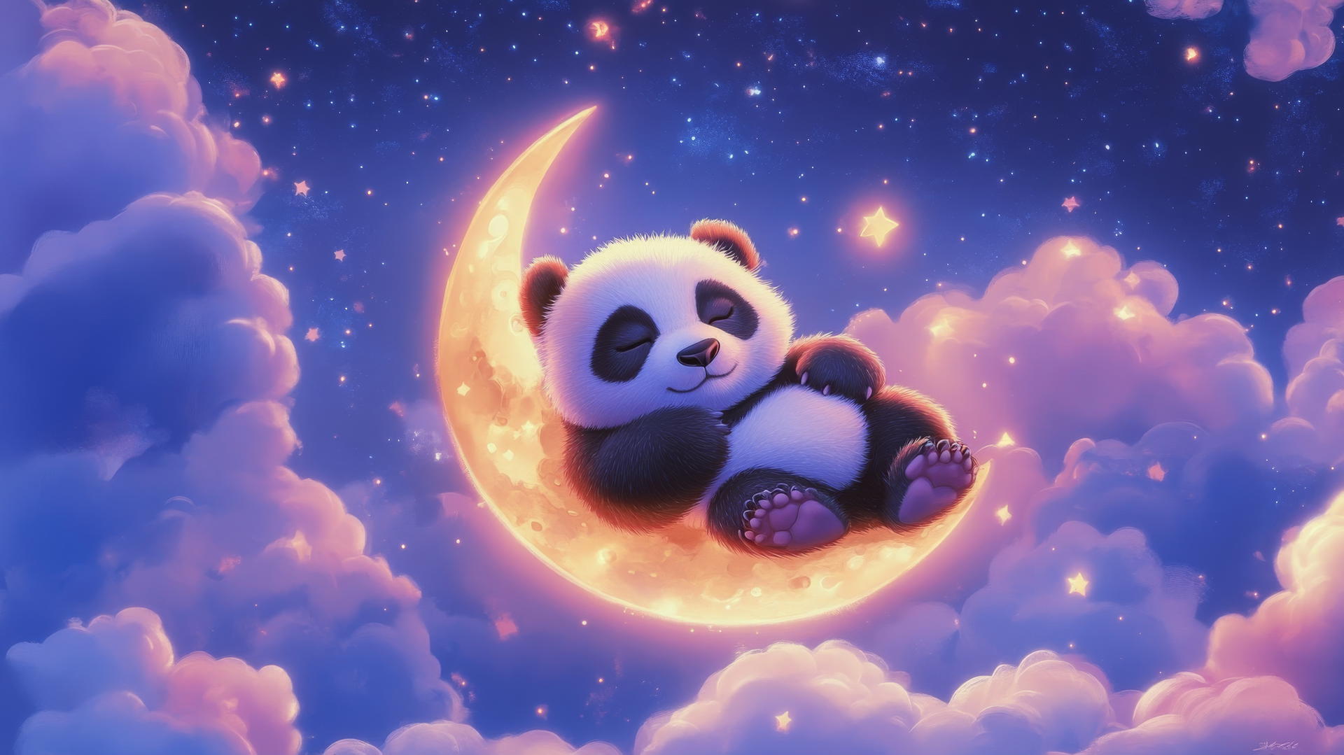 cute panda wallpaper 4k with sleepy panda on crescent moon amidst stars and pastel clouds