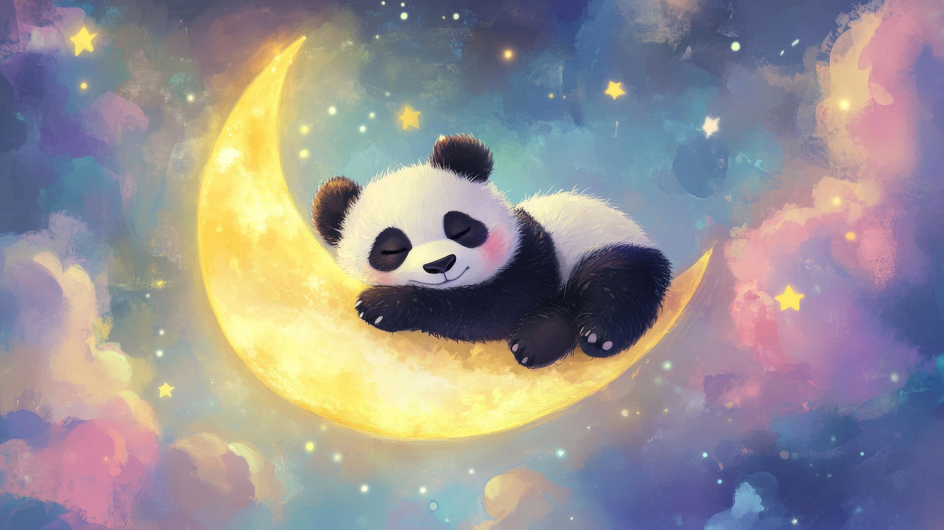 cute panda wallpaper 4k with a sleepy panda on a crescent moon, stars, and pastel clouds